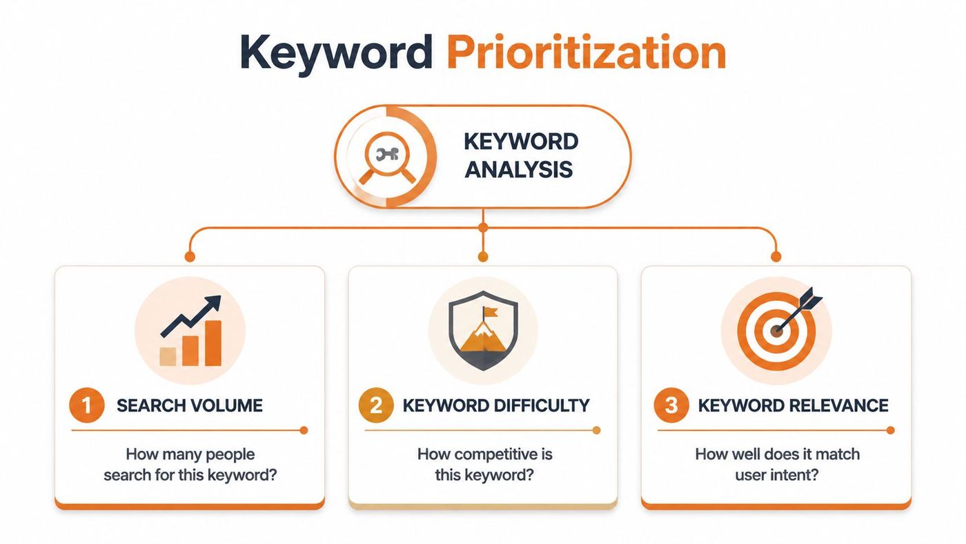 An infographic illustrating three key components of SEO keyword prioritization: search volume, keyword difficulty, and keyword relevance.