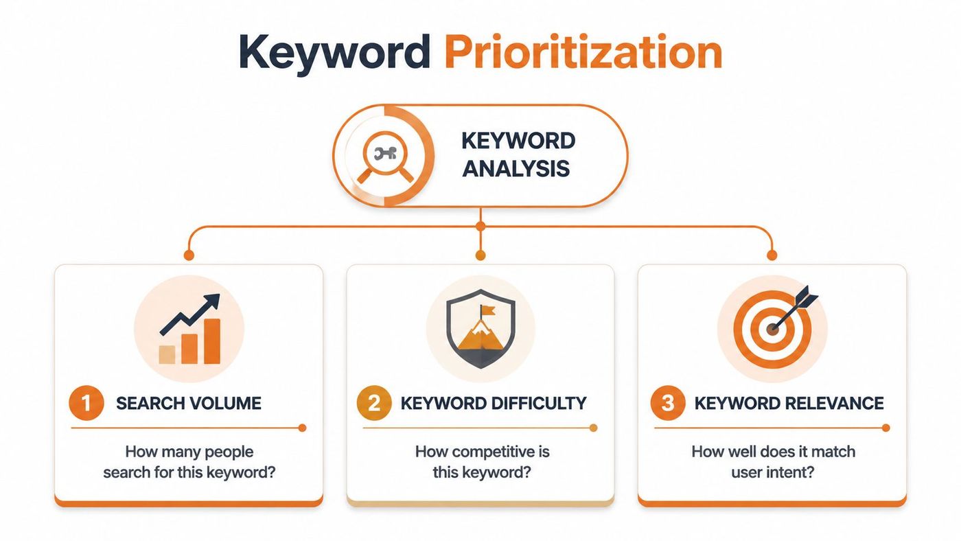 An infographic illustrating three key components of SEO keyword prioritization: search volume, keyword difficulty, and keyword relevance.