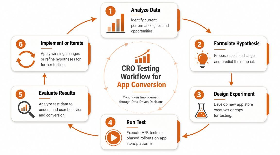A circular diagram outlining the six-step CRO testing workflow for optimizing mobile app conversion rates.