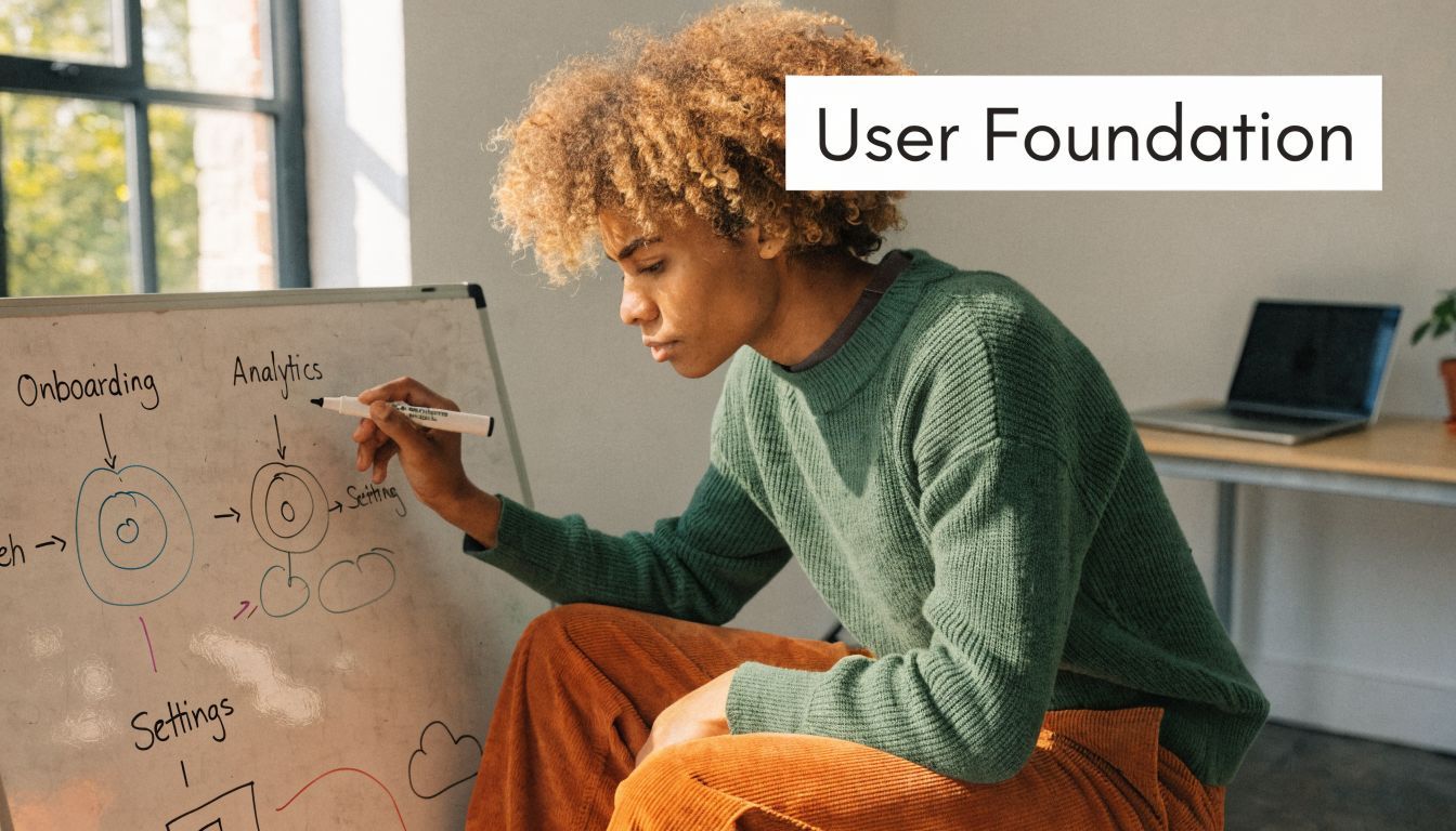 A young person writing on a whiteboard to research user foundation processes for app store keyword optimization.
