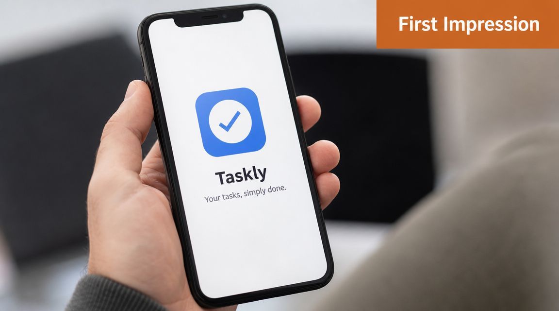 A person holding a smartphone displaying the Taskly task management app with a clean checkmark logo.