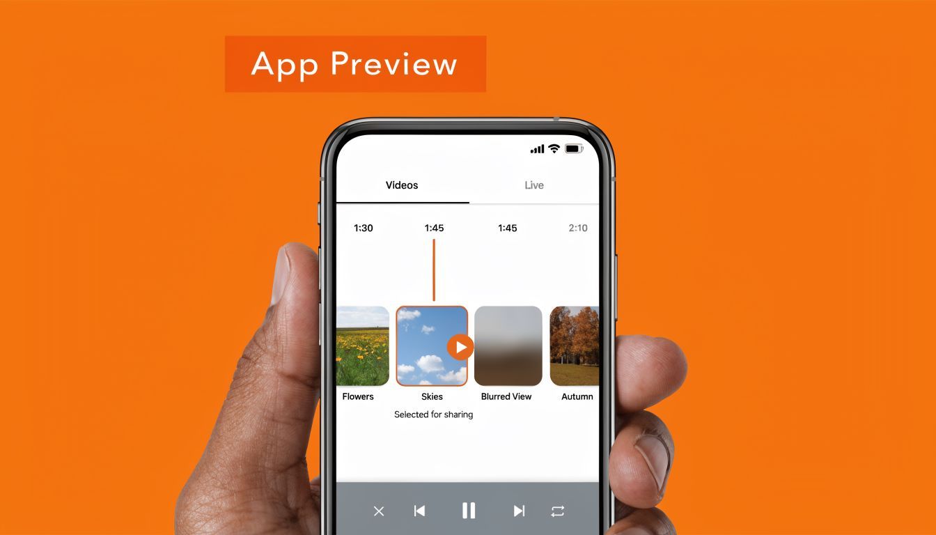 A hand holds a smartphone displaying a video selection interface for an app store optimization checklist.