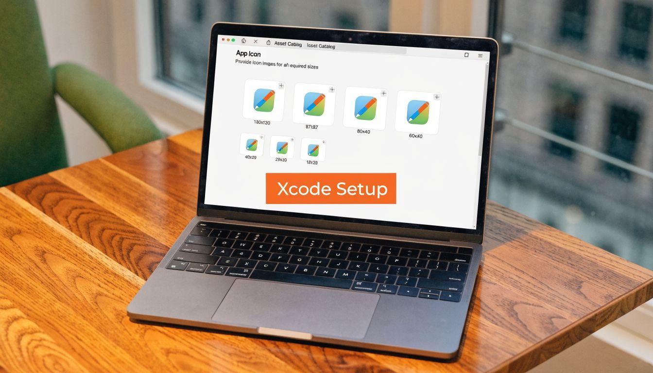 A laptop screen displaying the Xcode app icon configuration menu for various iOS device icon sizes.