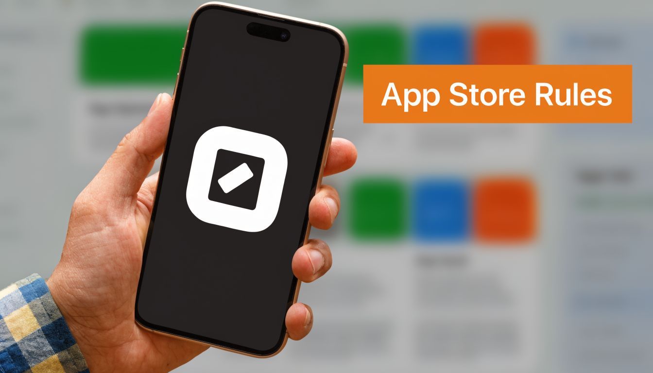 A hand holding a smartphone displaying a minimalist app icon against a blurry background of software guidelines.