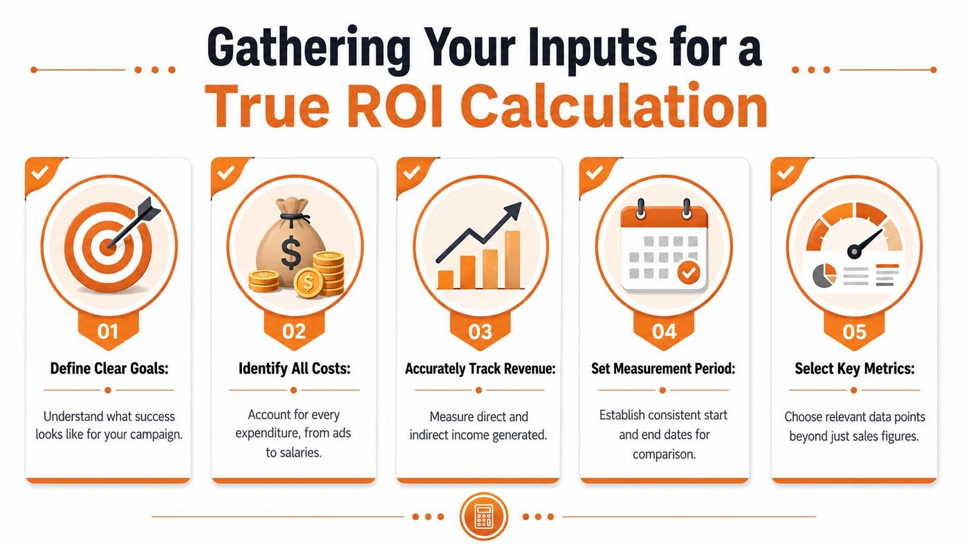 An infographic detailing five steps for gathering inputs to calculate accurate marketing return on investment.