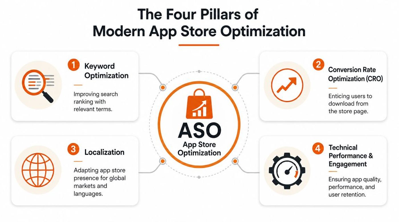 An infographic titled The Four Pillars of Modern App Store Optimization showing keyword, conversion, localization, and performance.