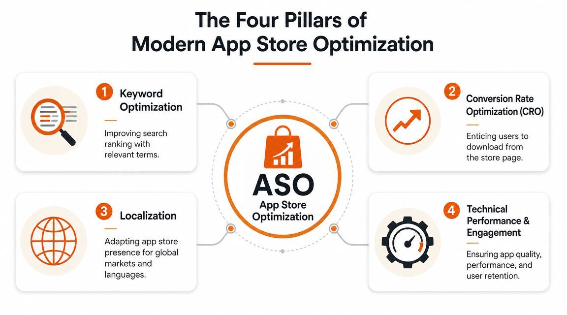 An infographic titled The Four Pillars of Modern App Store Optimization showing keyword, conversion, localization, and performance.