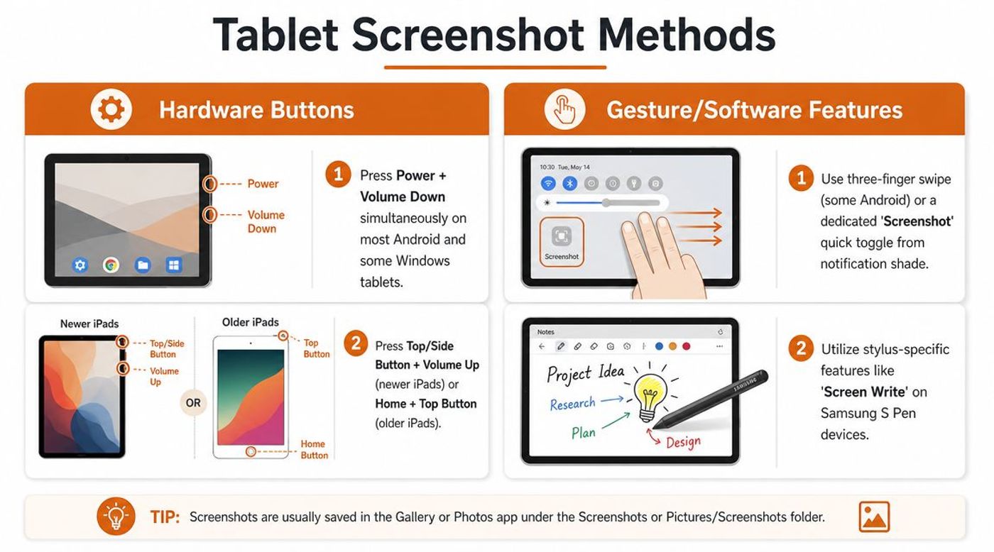 An infographic illustrating various methods to take a screenshot on Android, Windows, and iPad tablet devices.