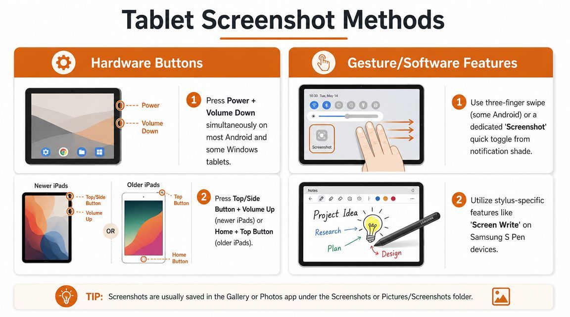 An infographic illustrating various methods to take a screenshot on Android, Windows, and iPad tablet devices.