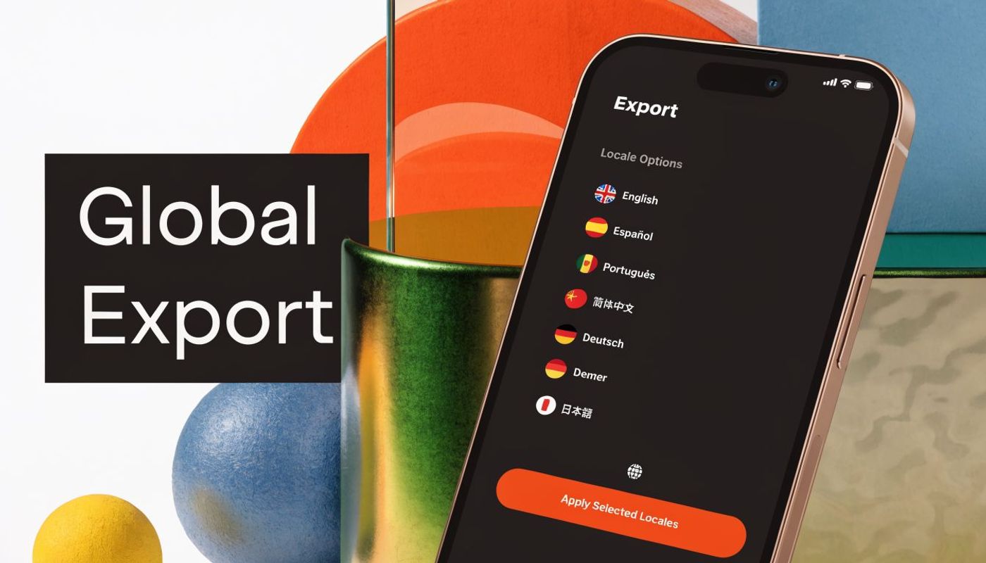 A modern smartphone mockup displaying a global export localization settings menu with various language options.