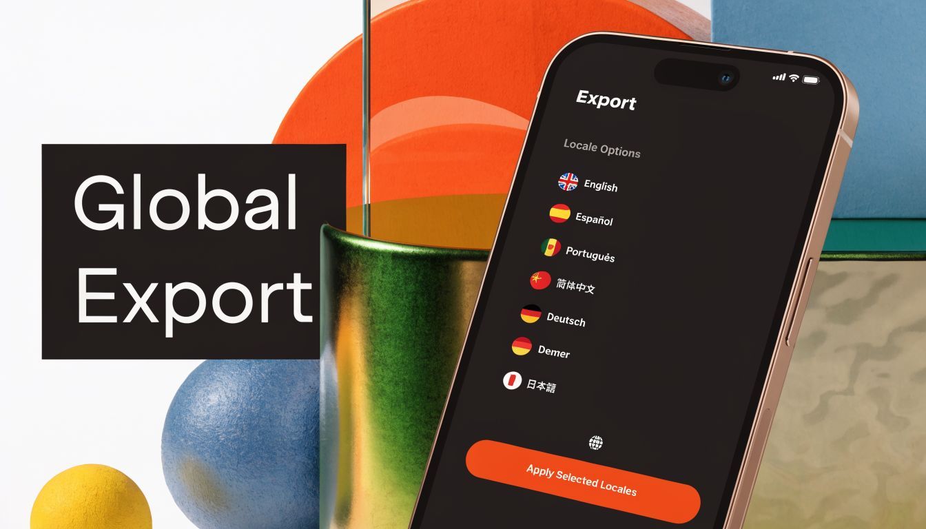 A modern smartphone mockup displaying a global export localization settings menu with various language options.