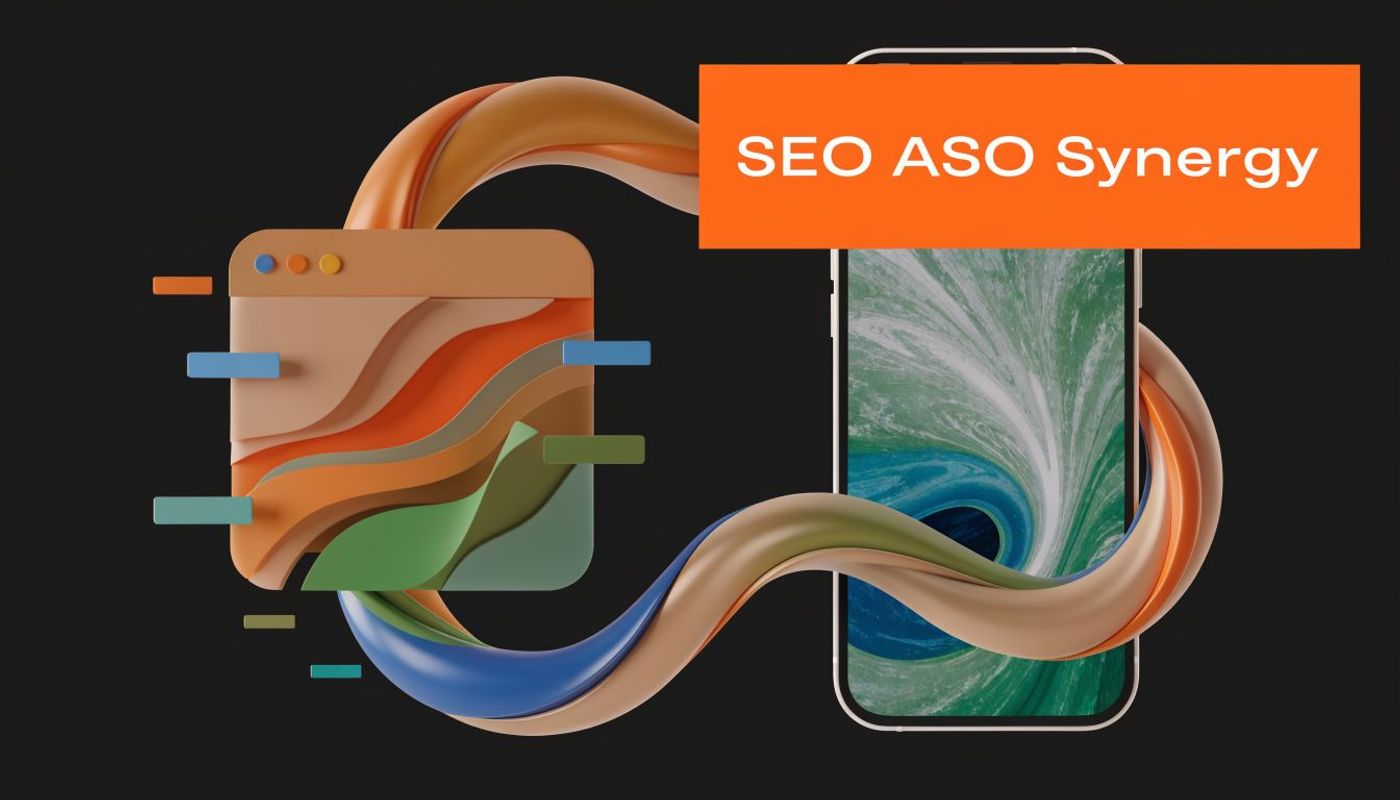 A 3D graphic showing a browser window and a smartphone connected by colorful flowing abstract ribbons.