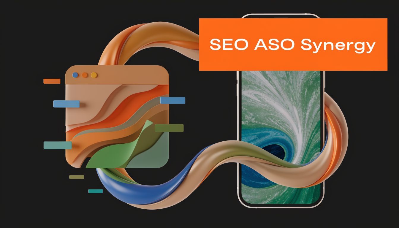 A 3D graphic showing a browser window and a smartphone connected by colorful flowing abstract ribbons.