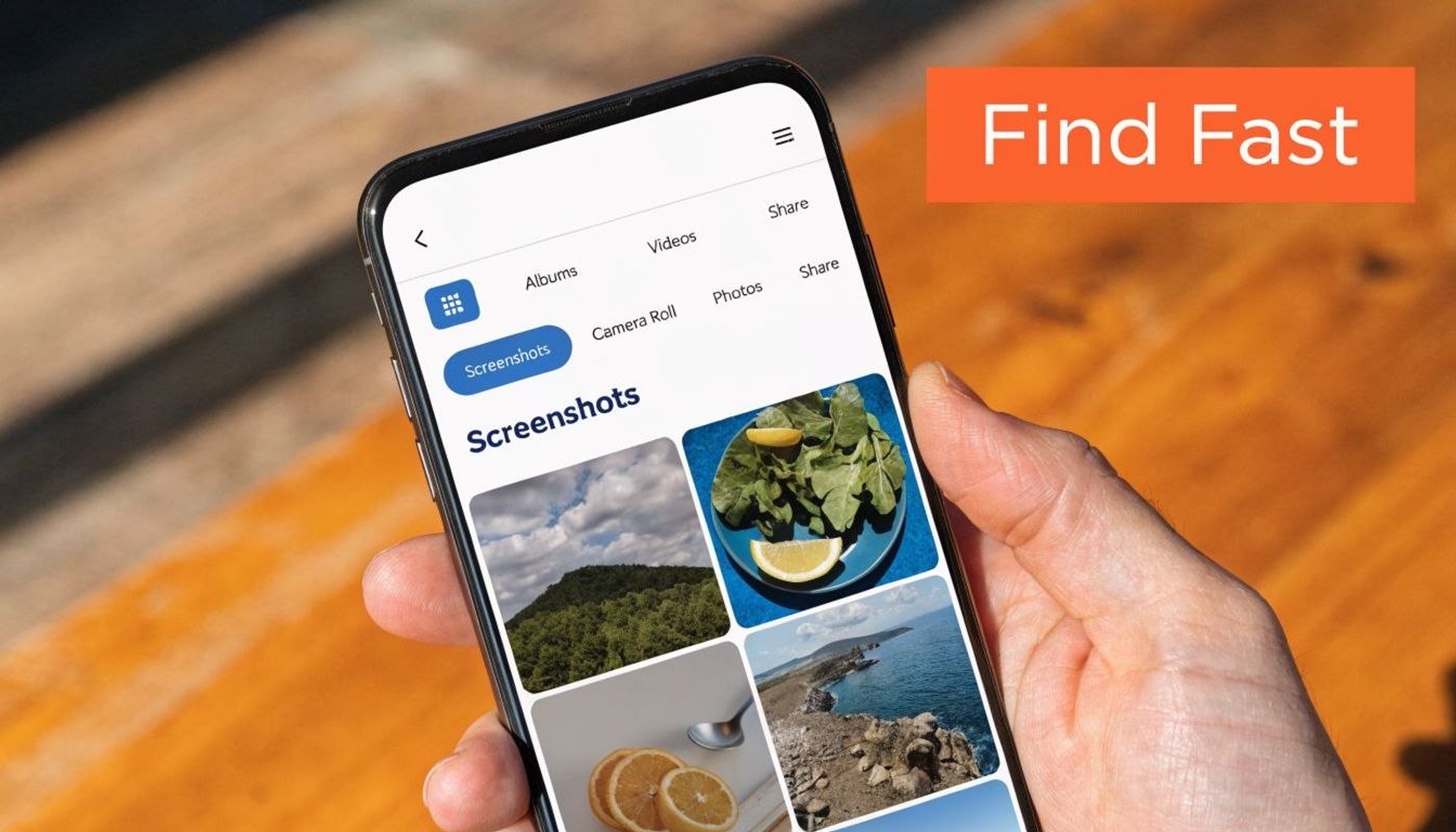 A hand holding a smartphone displaying an image gallery app with folders for screenshots and photos.