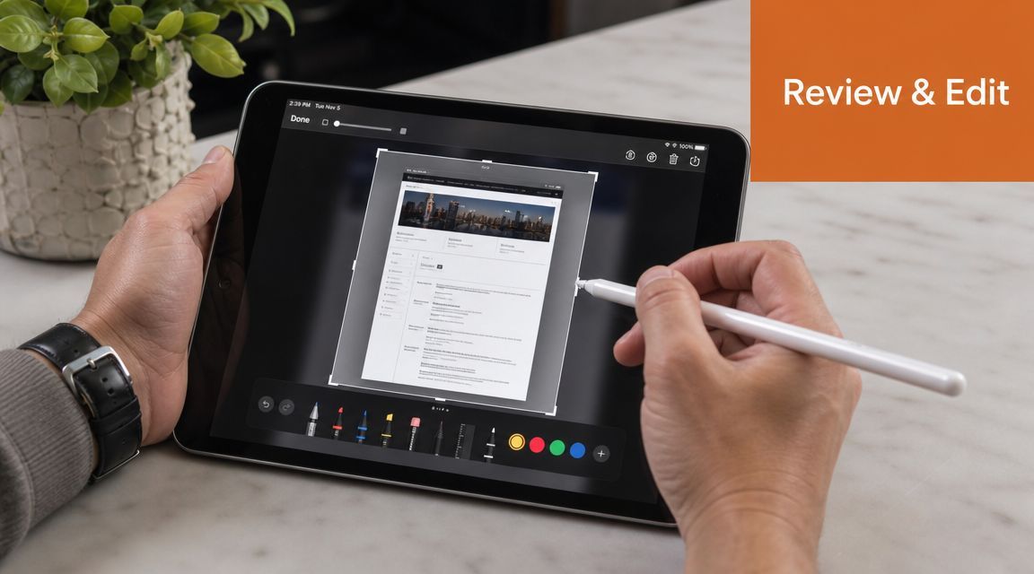 A person using a stylus to edit a screenshot on an Apple tablet.
