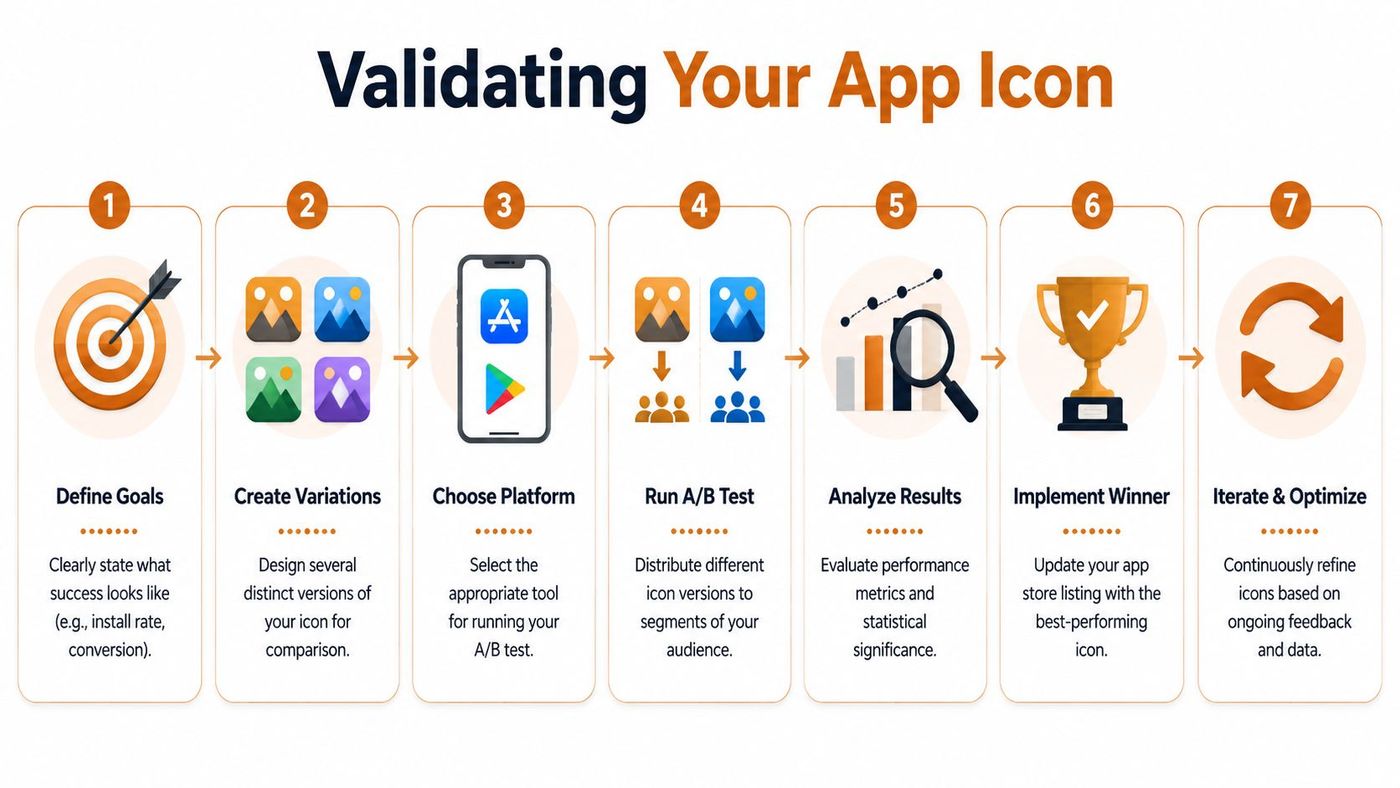 A step-by-step infographic illustrating the seven-stage process for testing and validating a mobile application icon.