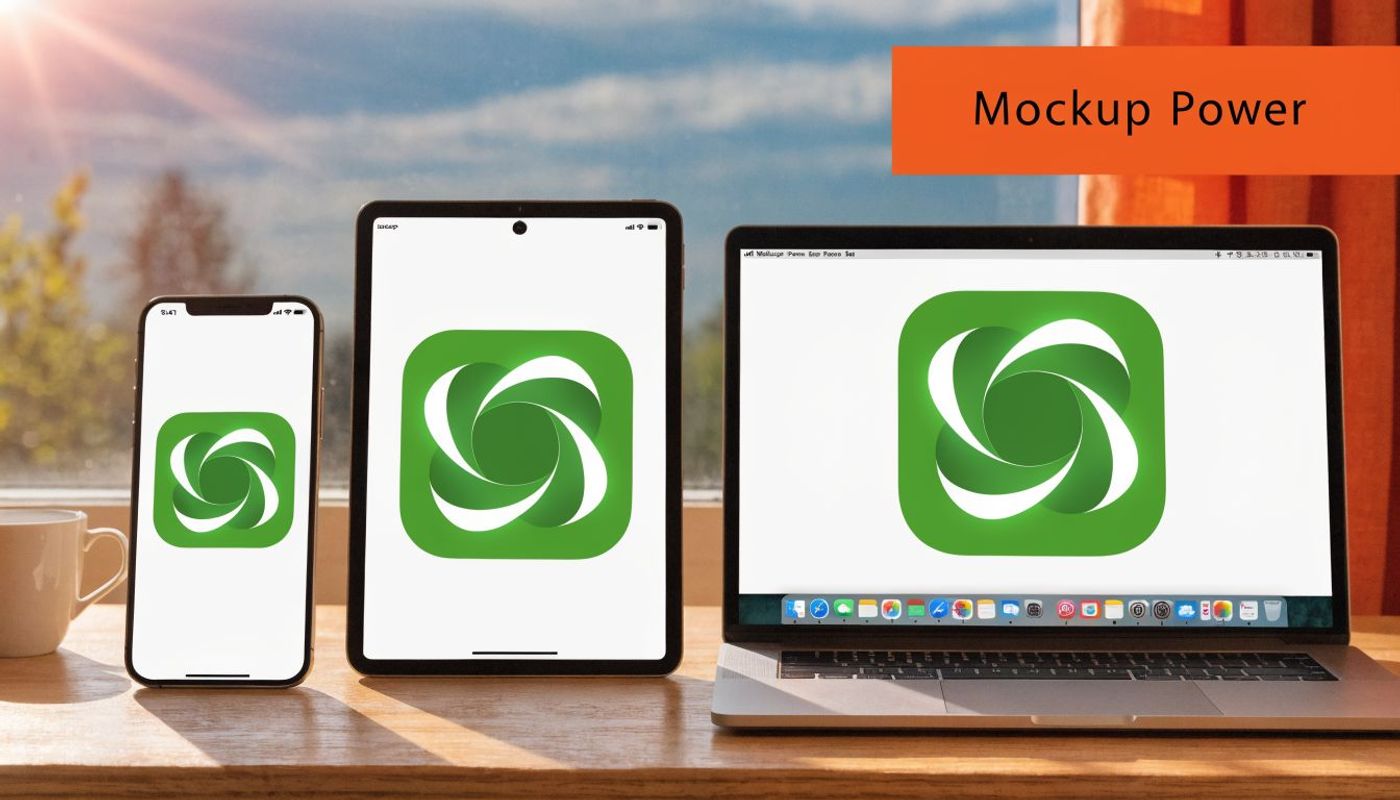 A smartphone, tablet, and laptop displaying a green circular app logo on a sunny wooden desk.
