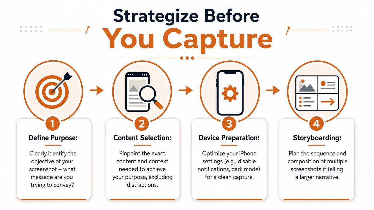A four-step infographic illustrating strategies to plan and prepare for high-quality iPhone screenshot captures.
