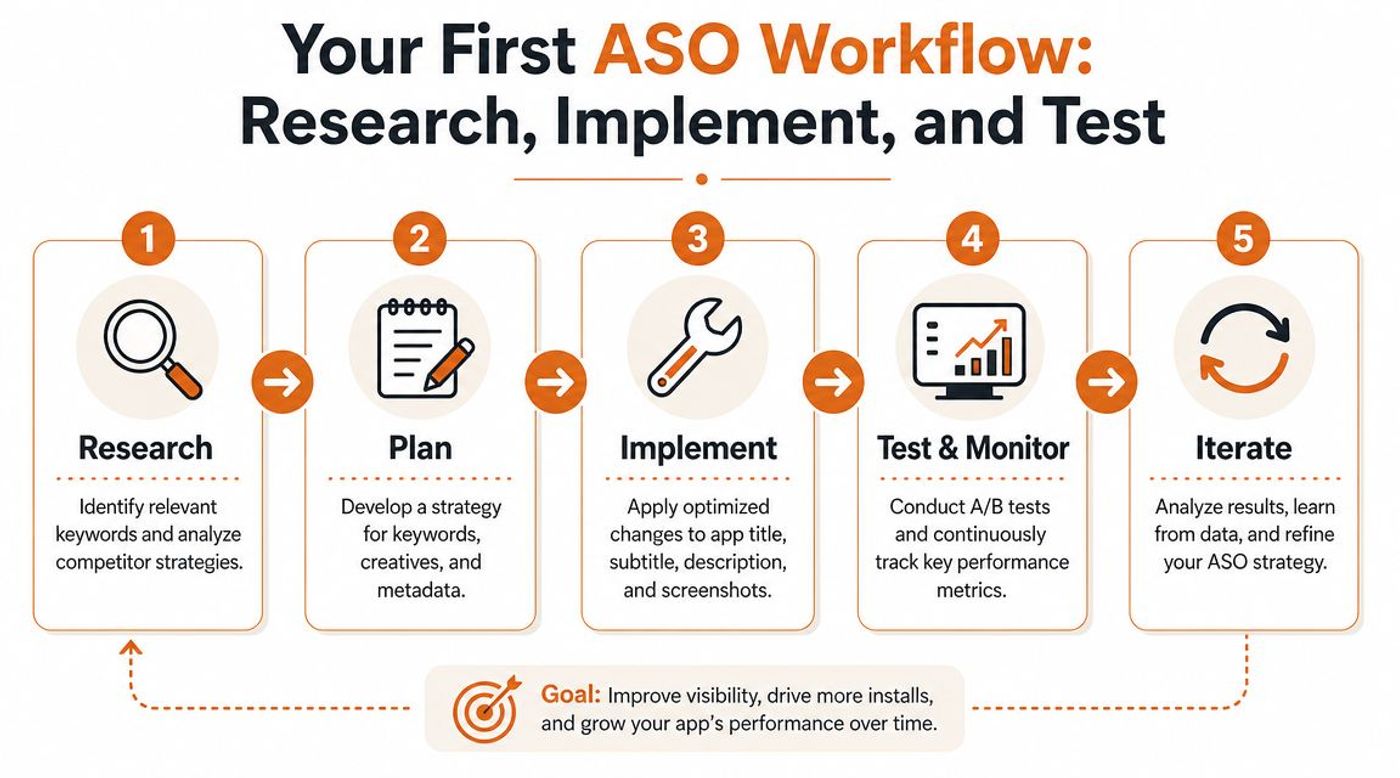 A five-step infographic process chart detailing the ASO workflow: Research, Plan, Implement, Test & Monitor, and Iterate.