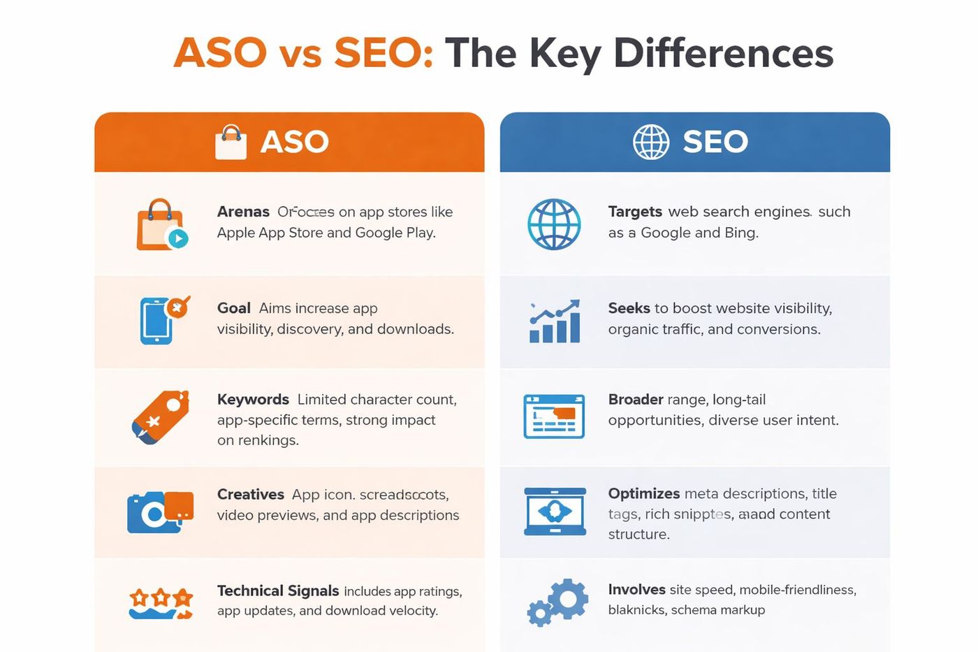 A comparison infographic showing key differences between ASO for app stores and SEO for web search engines.