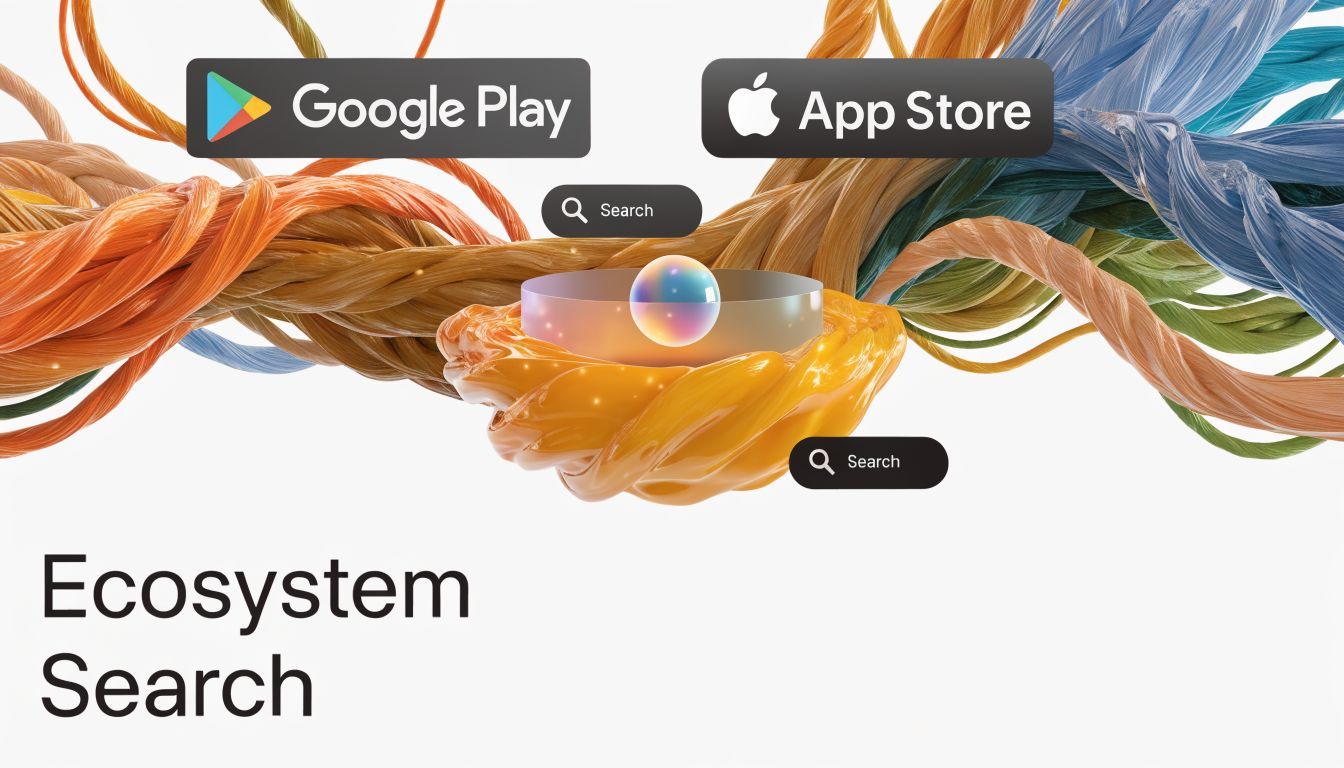 A creative 3D render representing ecosystem search with App Store and Google Play buttons and search icons.