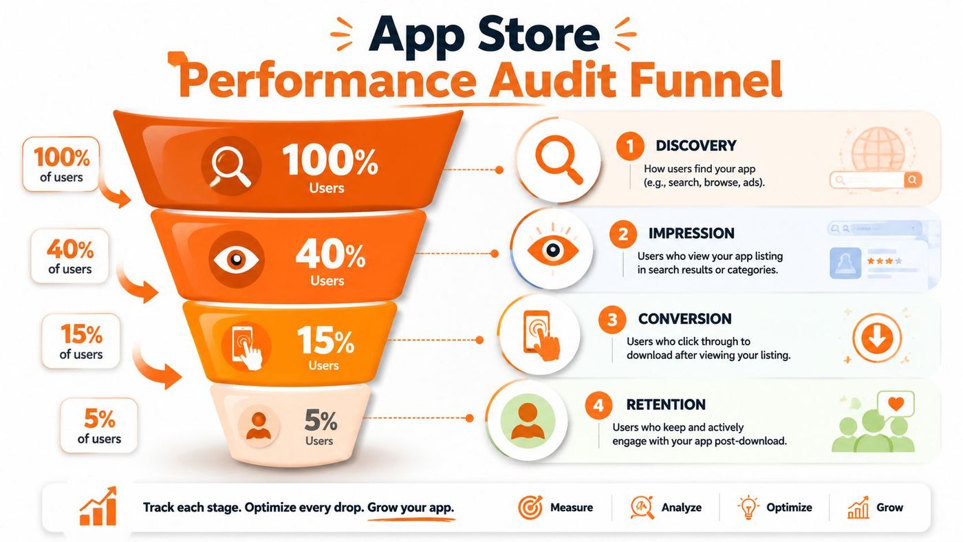 A funnel diagram illustrating the four-stage App Store performance audit process from discovery to user retention.