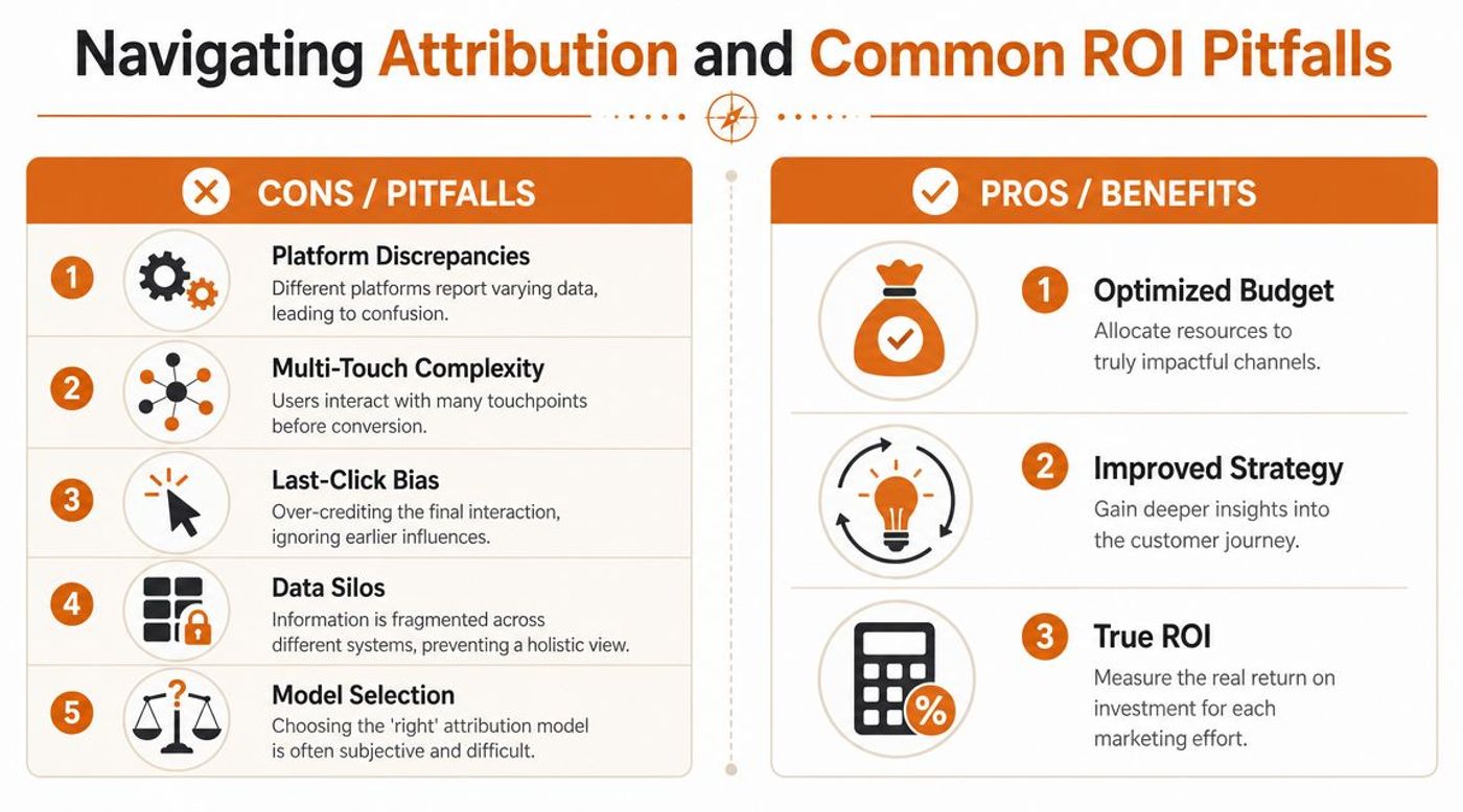 An infographic comparing the common pitfalls and benefits of marketing attribution for calculating ROI accurately.