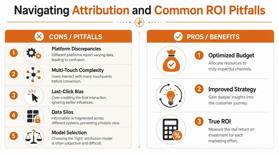 An infographic comparing the common pitfalls and benefits of marketing attribution for calculating ROI accurately.