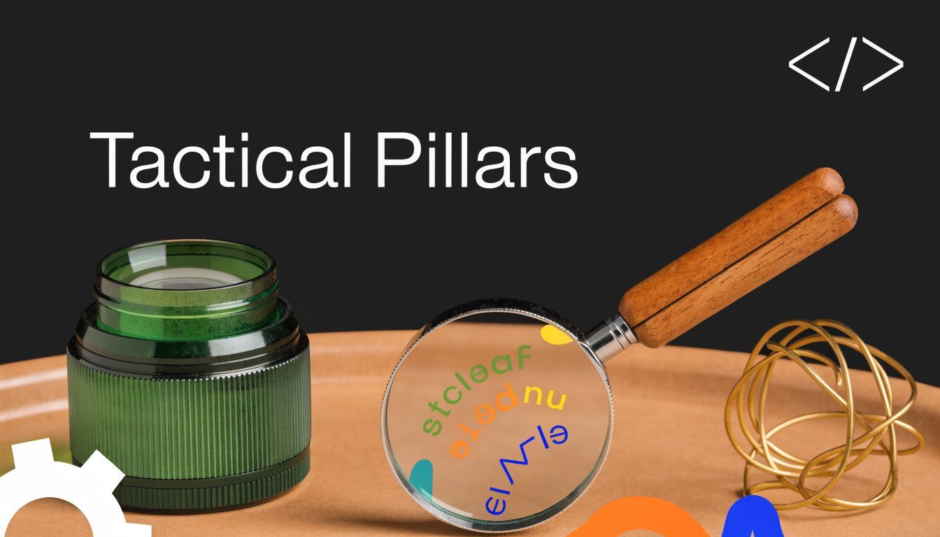 A magnifying glass focusing on colorful text against a dark background with a green camera lens.