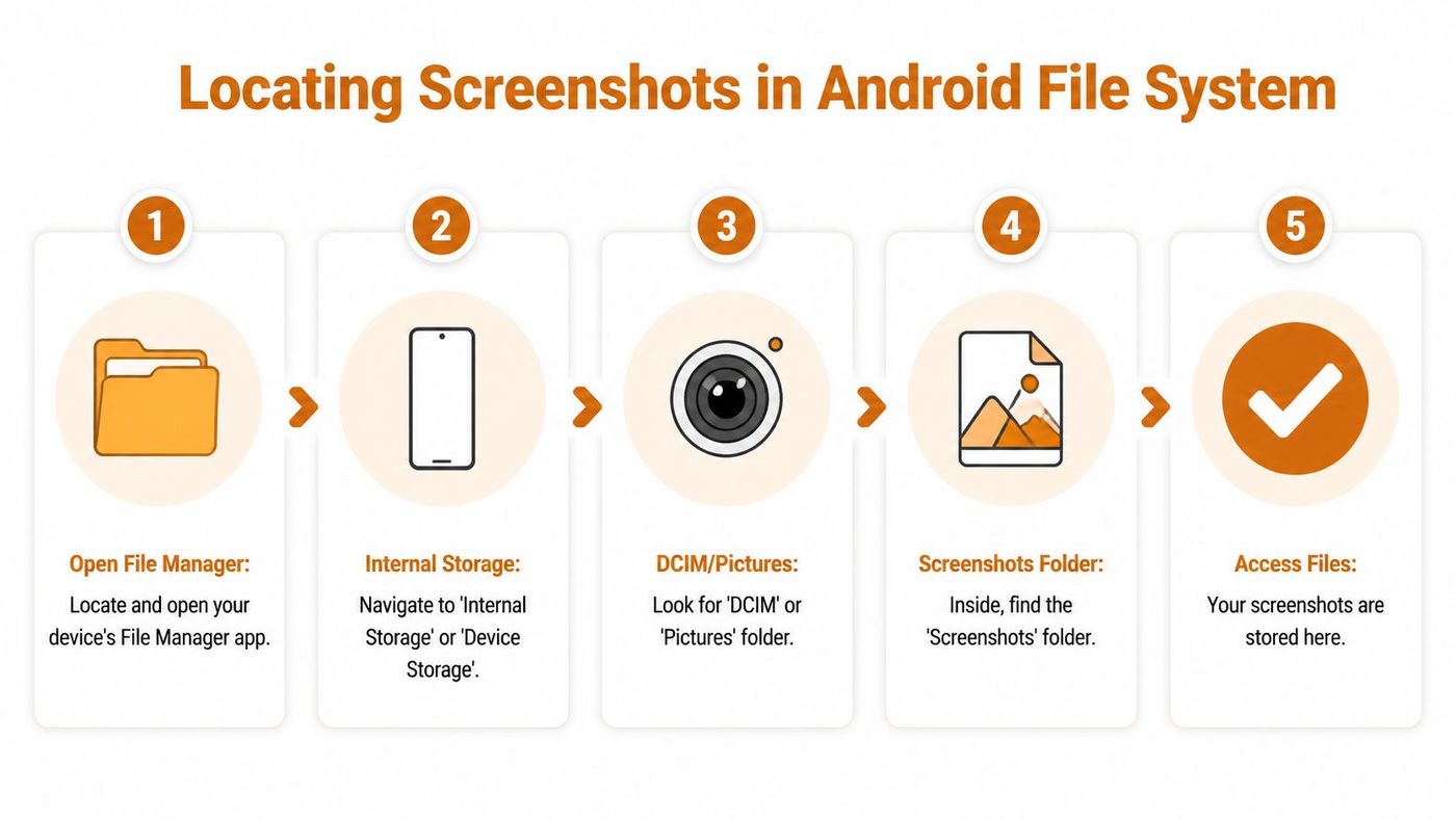 A step-by-step infographic showing how to find and access screenshots within the Android file system storage.
