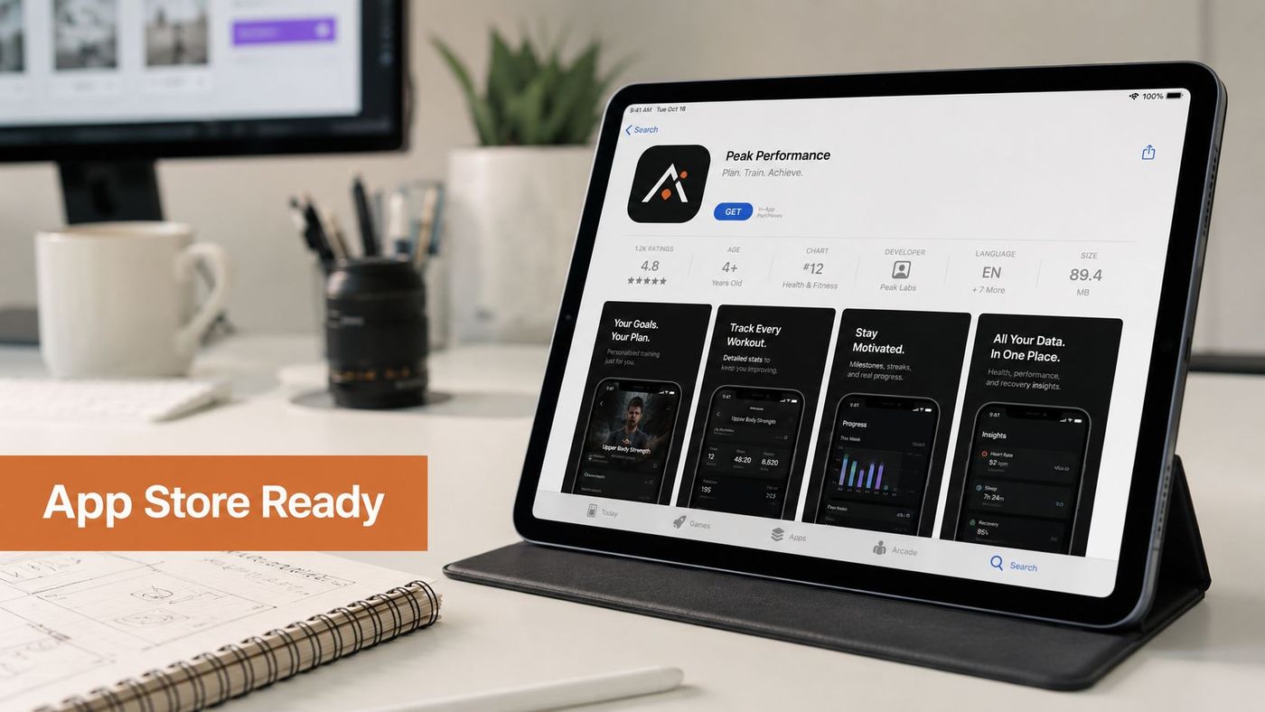 A tablet on a desk displaying the App Store interface for a health and fitness tracking application.