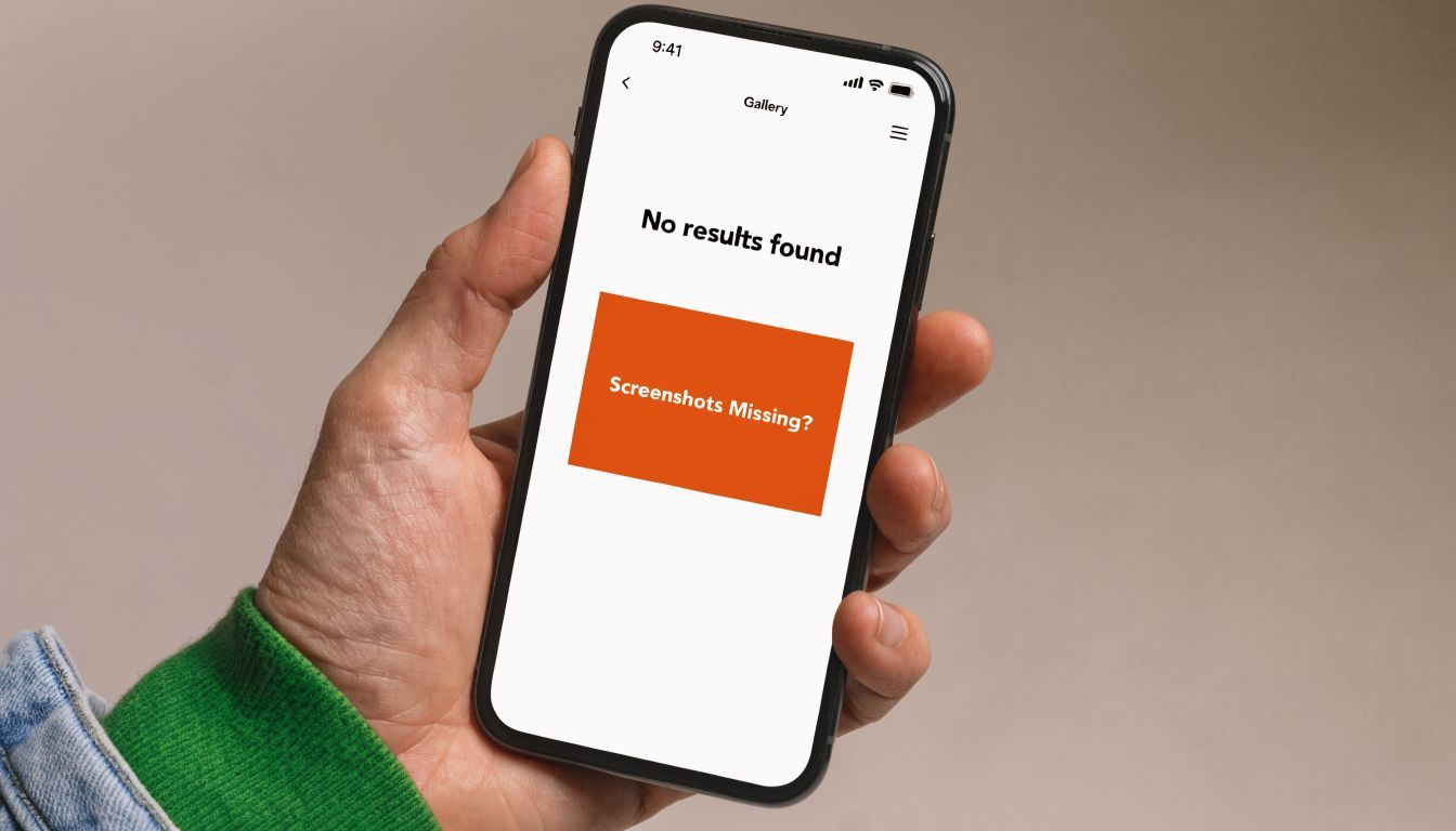 A smartphone held in a hand showing a Gallery app screen with No results found.