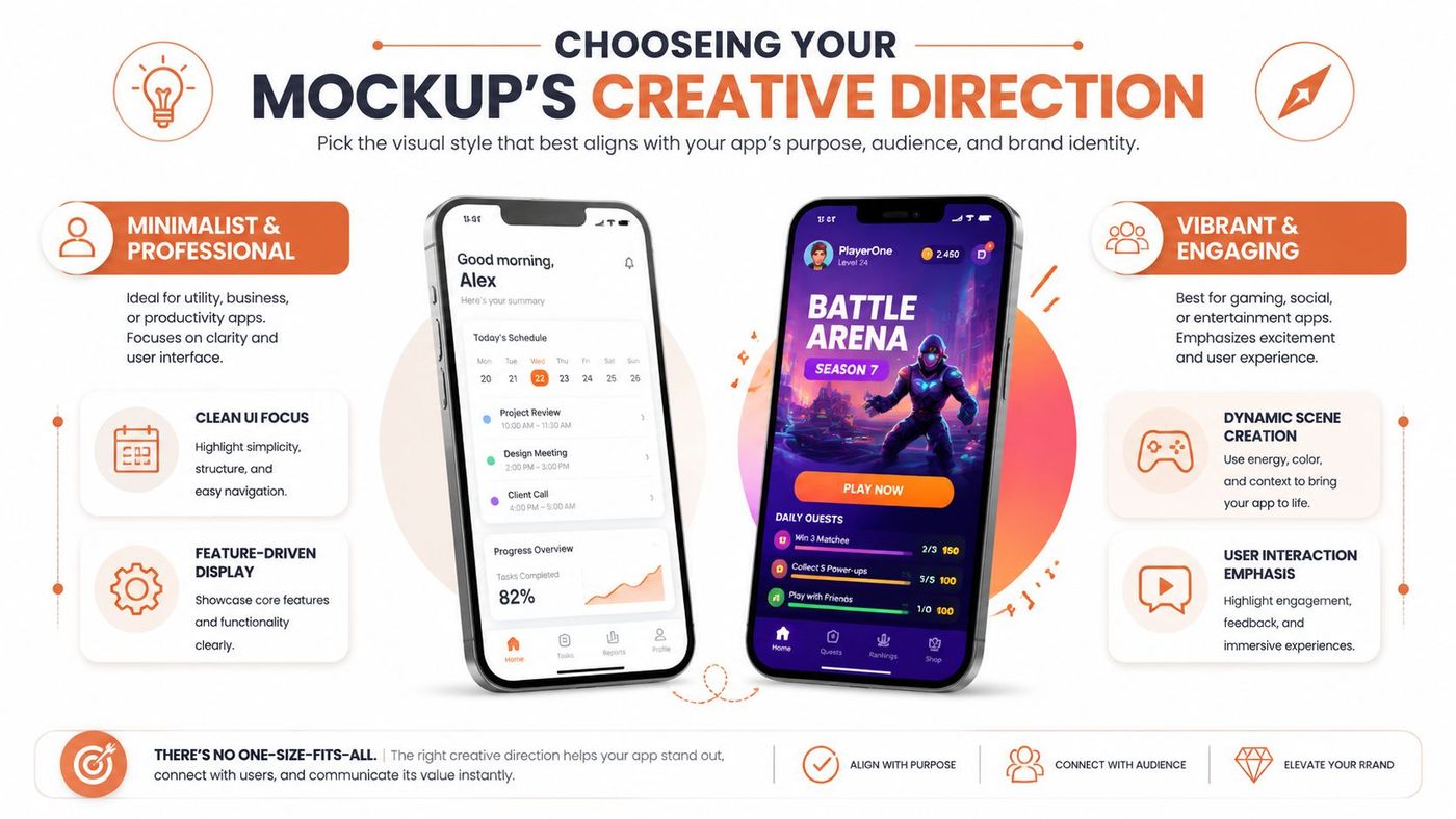 A comparison infographic showing a clean professional app mockup versus a vibrant gaming app interface design.