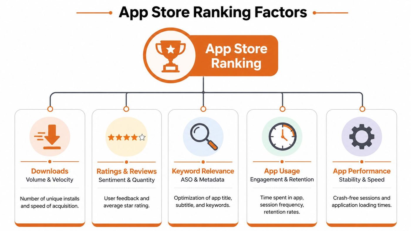 An infographic showing the five key factors influencing app store ranking, including downloads, ratings, and performance metrics.