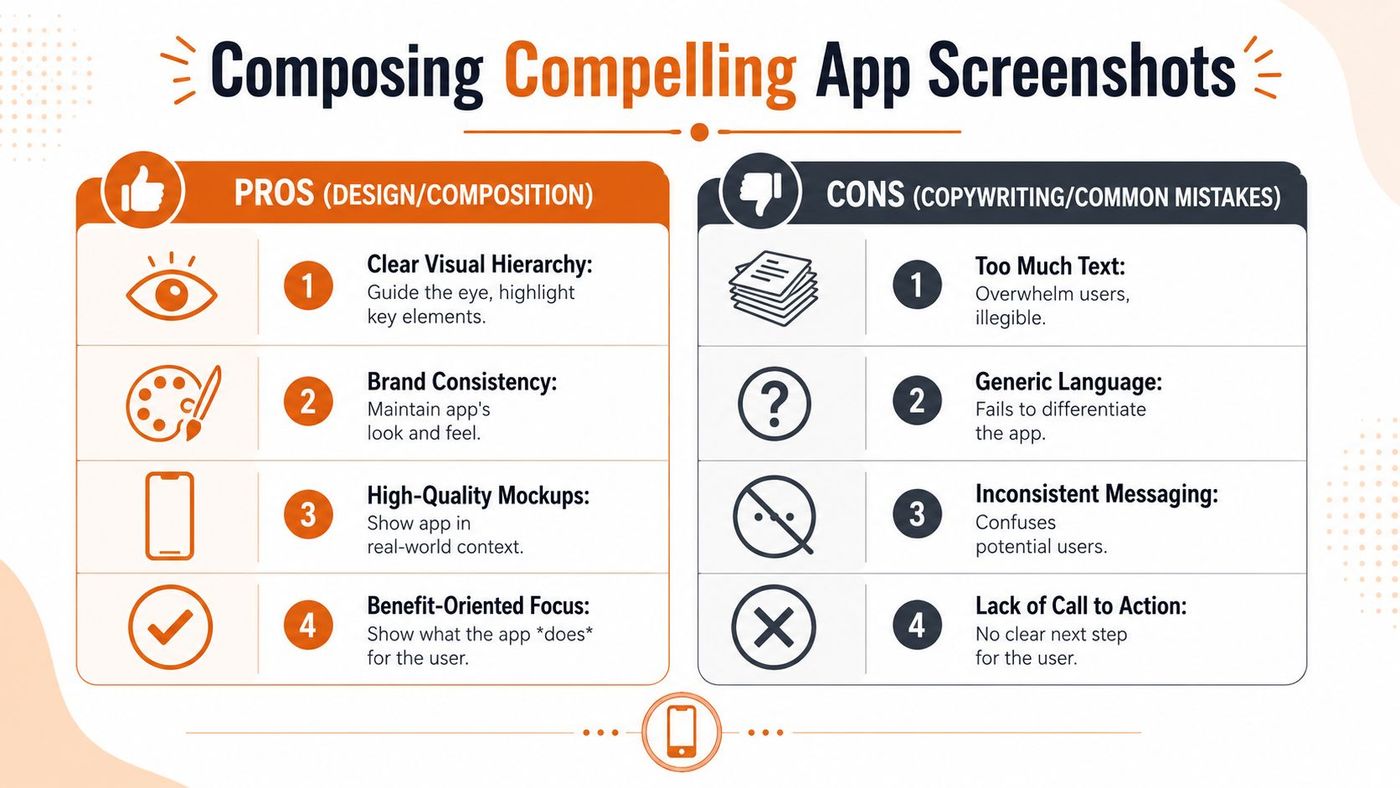 An infographic titled Composing Compelling App Screenshots comparing design pros and common copywriting mistakes for mobile apps.
