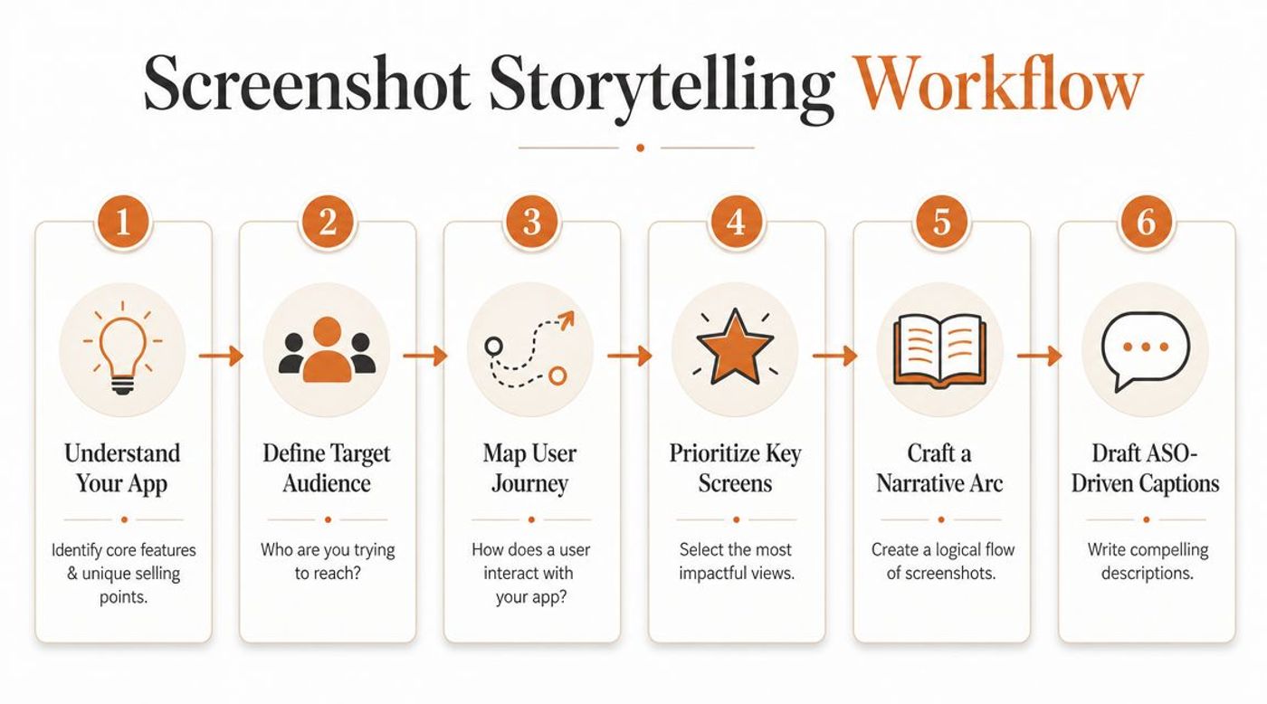A flowchart infographic titled Screenshot Storytelling Workflow with six steps for creating effective mobile app store screenshots.