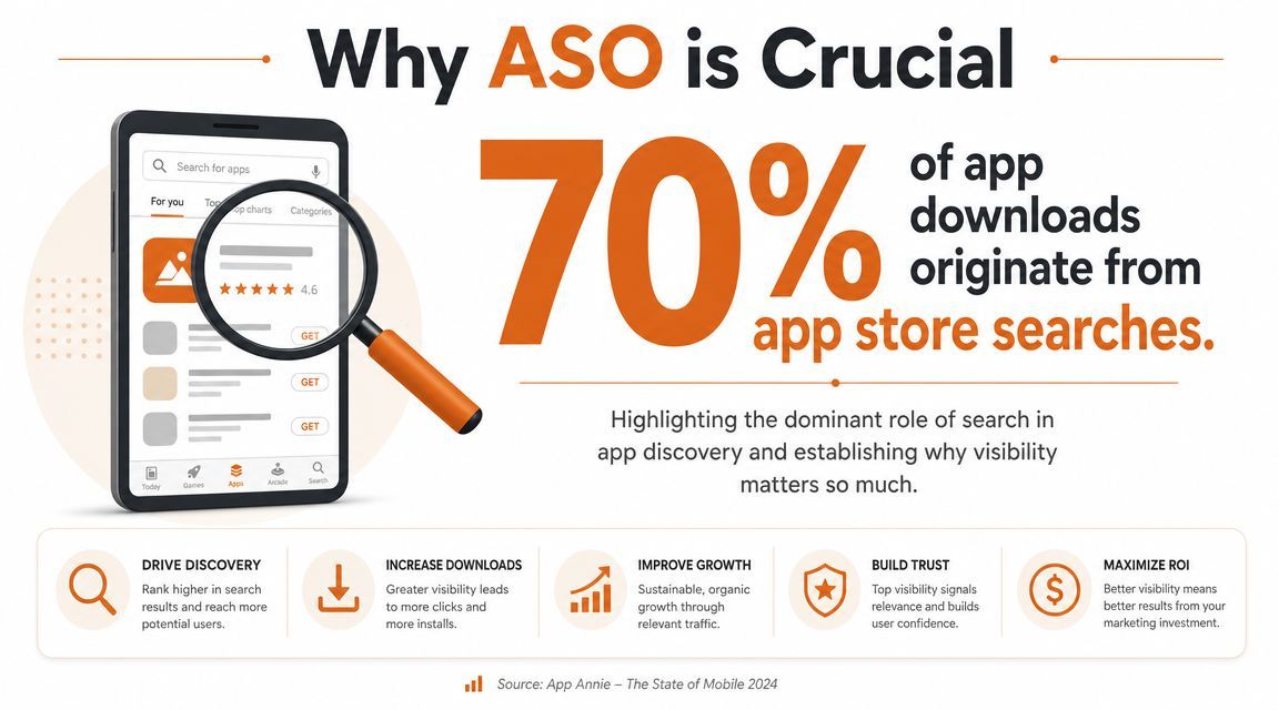 An infographic showing that 70% of app downloads come from search, illustrating the importance of app store optimization.