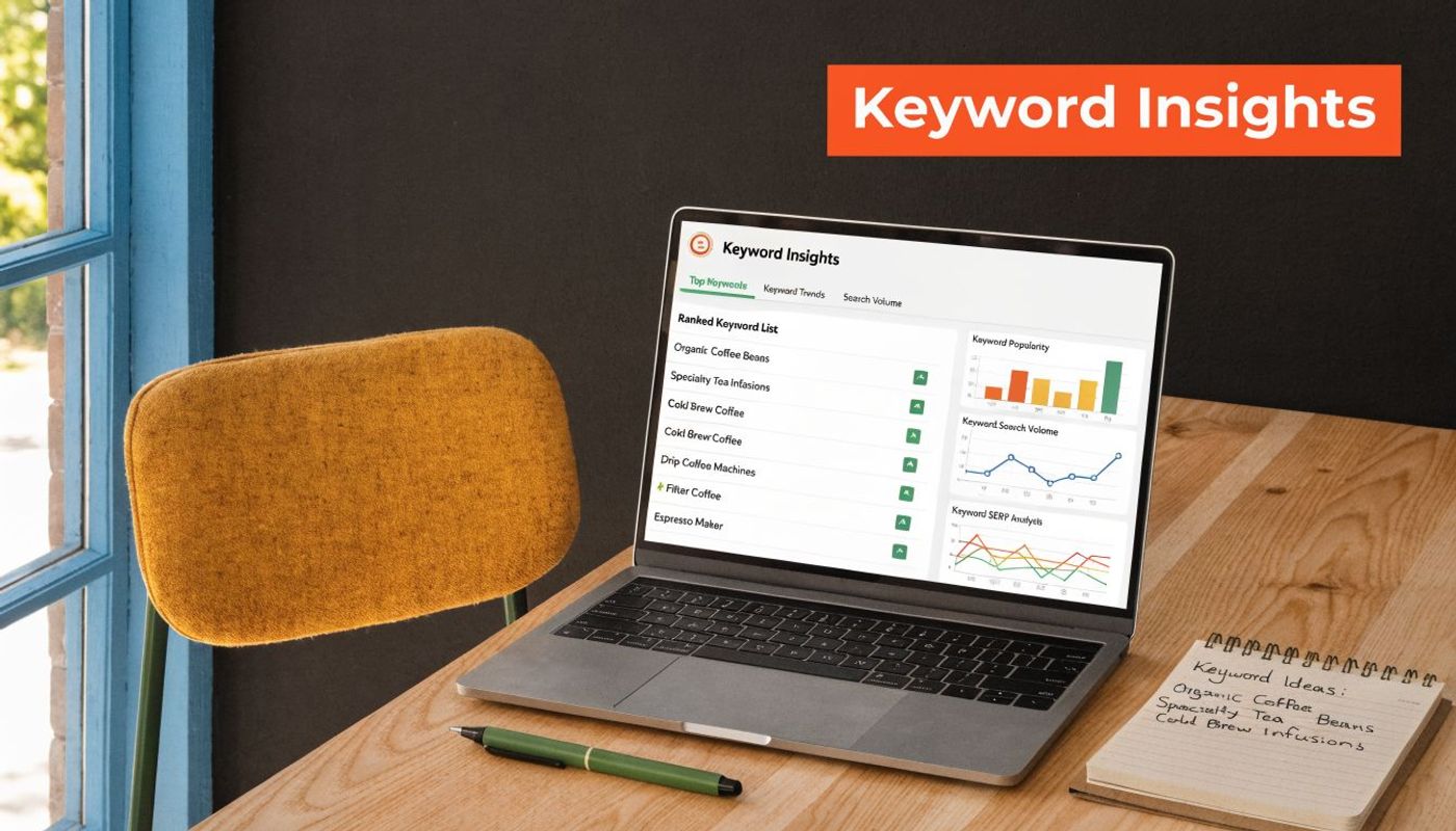 A modern workspace with a laptop displaying keyword research software and a notepad with written keyword ideas.