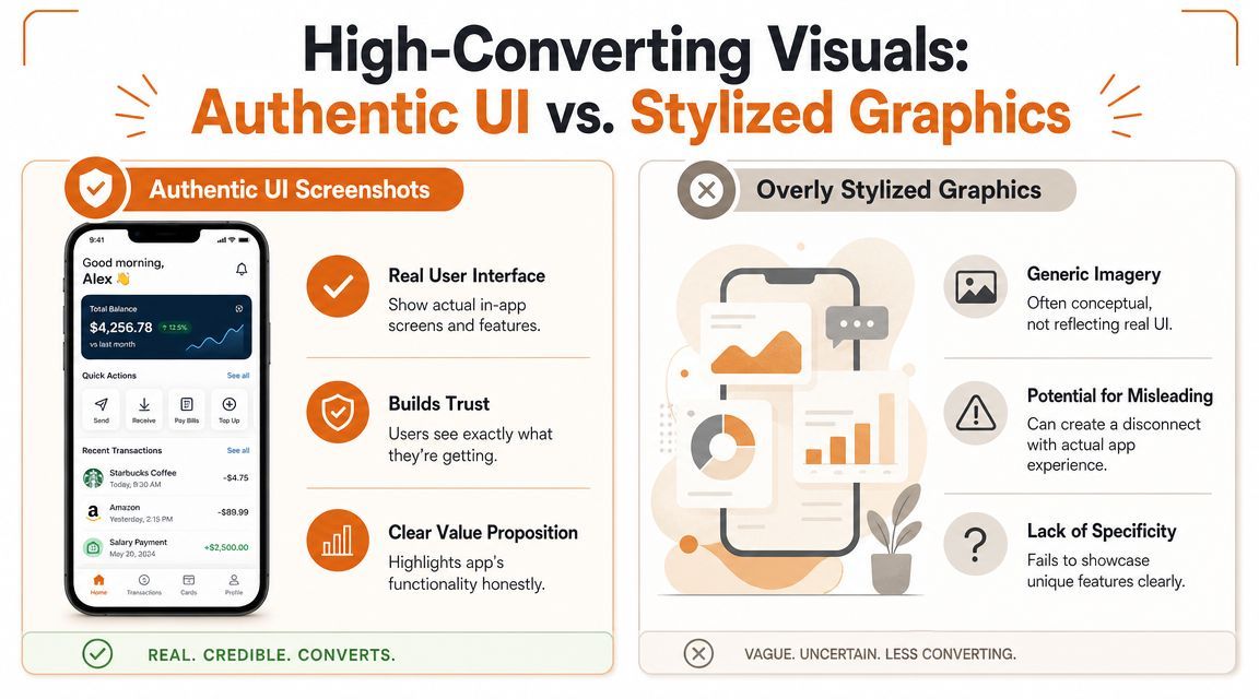 A comparison infographic showing that authentic mobile app UI screenshots convert better than overly stylized graphics.