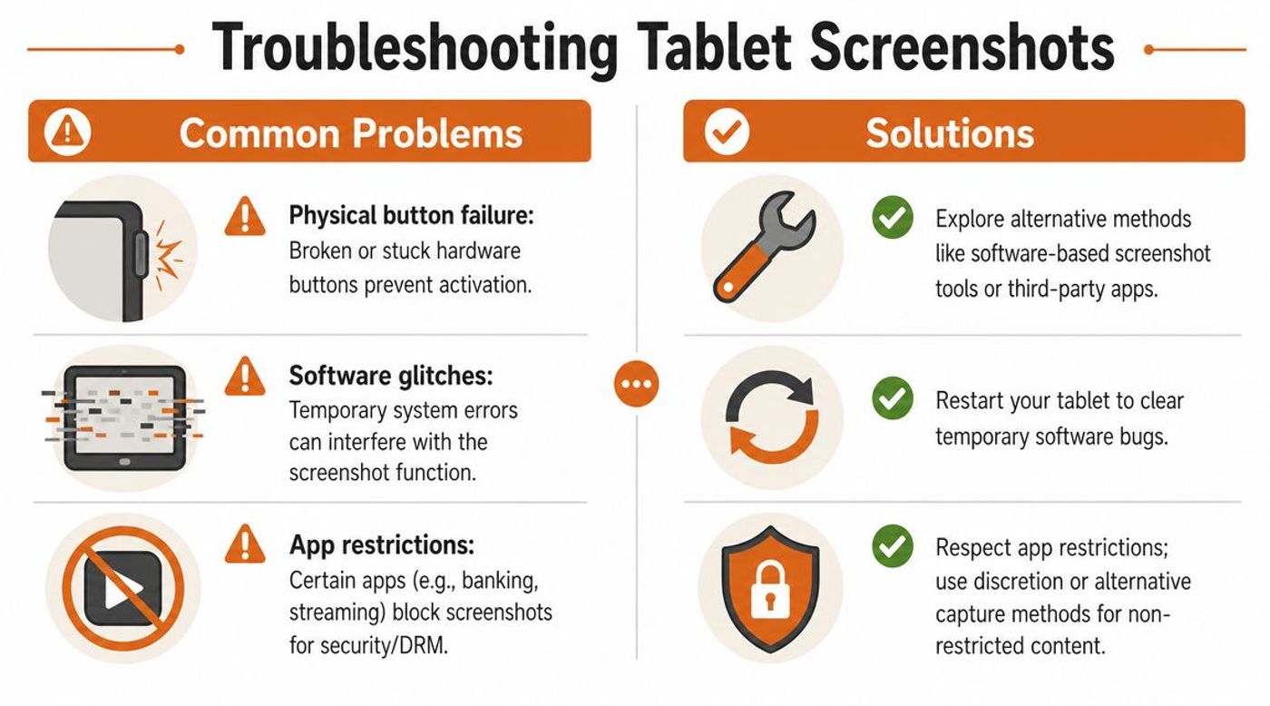A troubleshooting infographic explaining common problems and solutions for capturing screenshots on a digital tablet device.