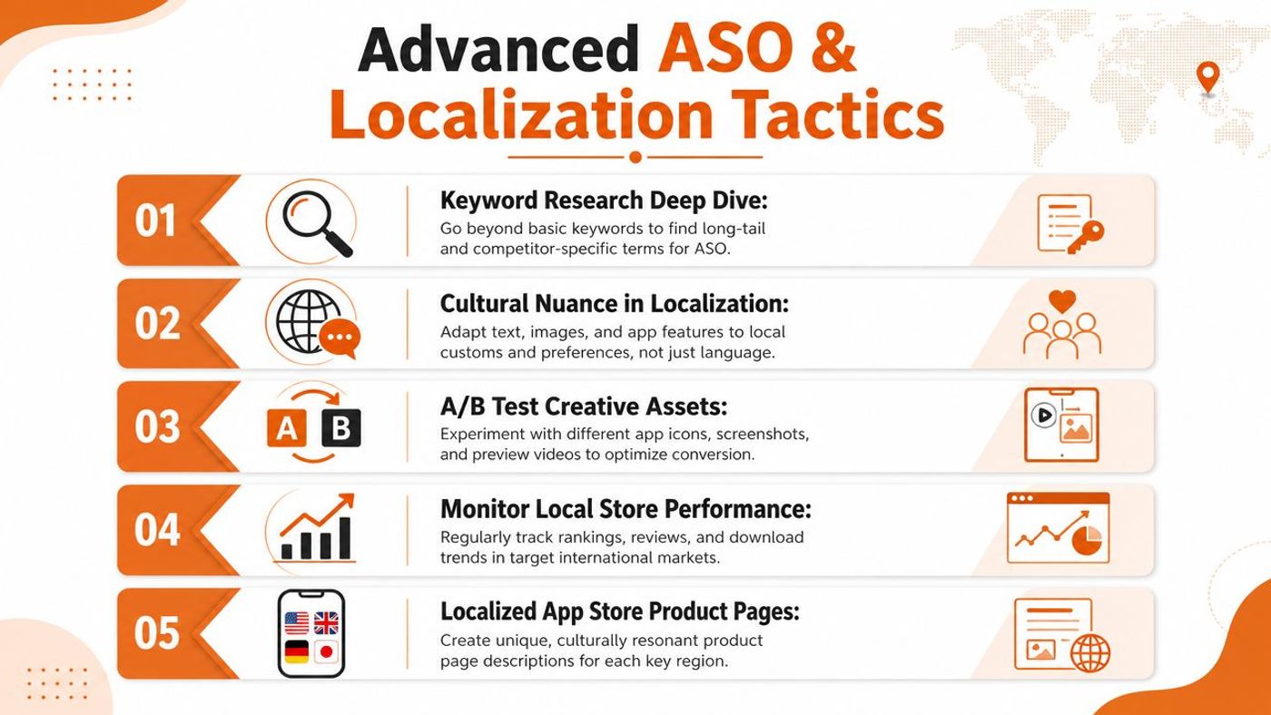 A professional infographic titled Advanced ASO and Localization Tactics outlining five key strategies for app store optimization.
