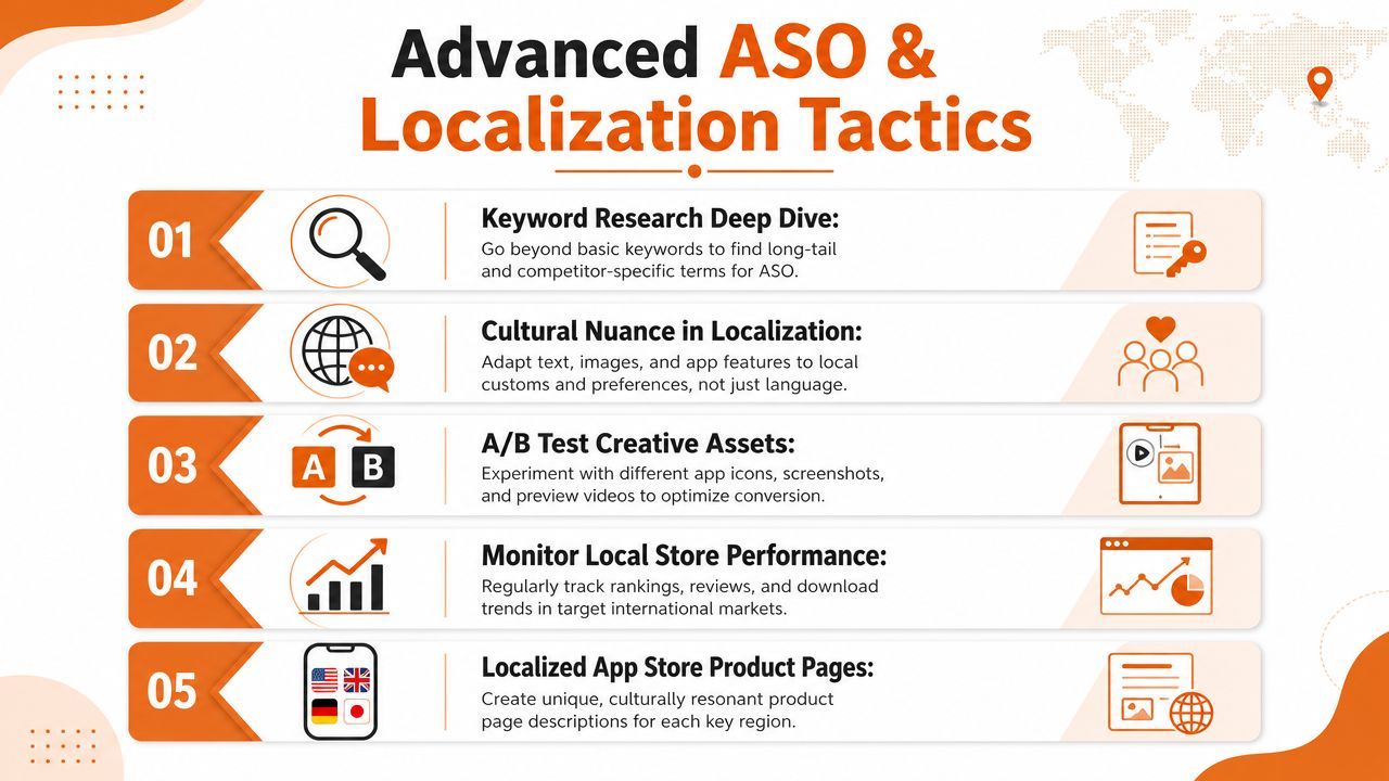 A professional infographic titled Advanced ASO and Localization Tactics outlining five key strategies for app store optimization.