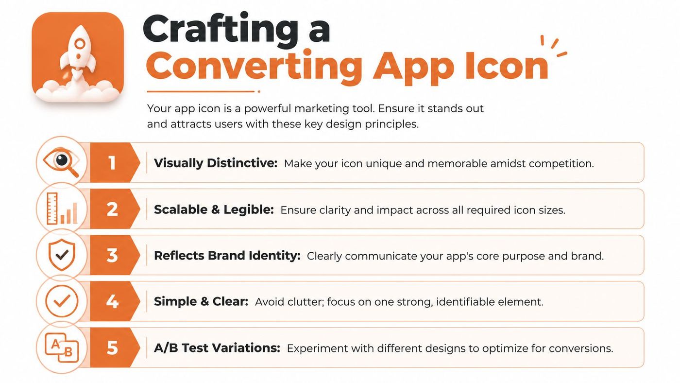 An infographic detailing five essential design principles for creating effective and high-converting mobile application icons.