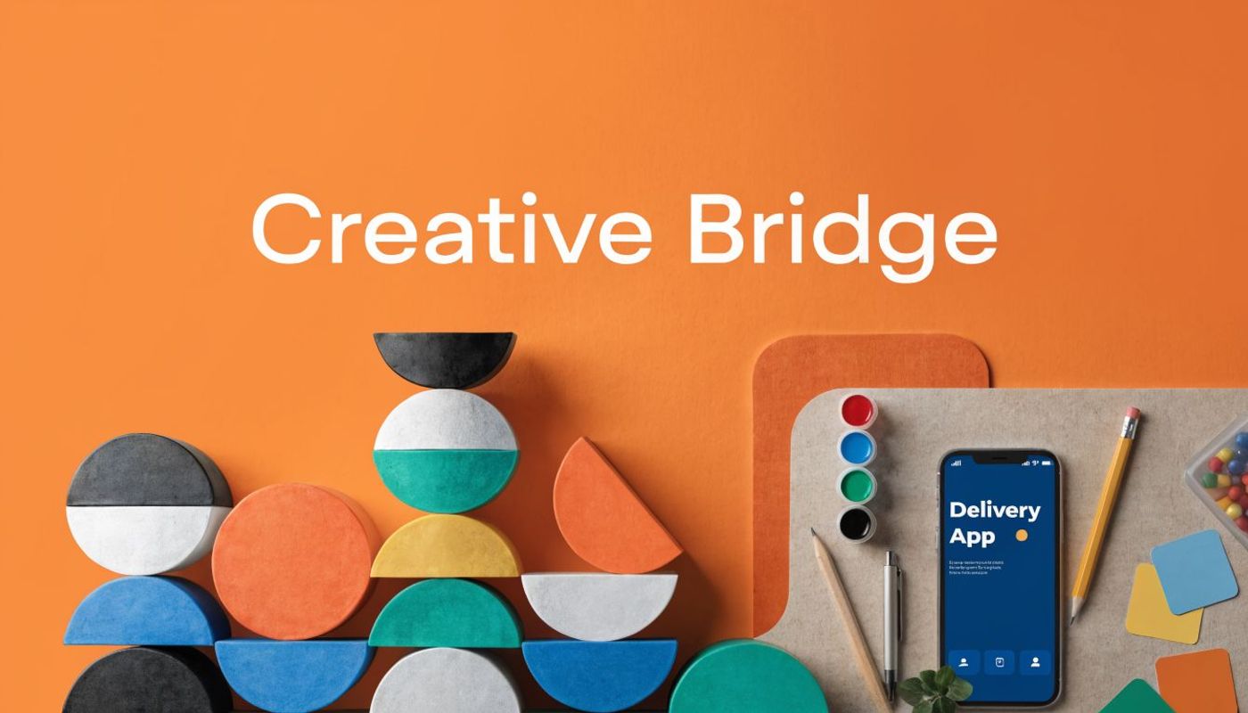 A creative workspace featuring geometric blocks and a mobile phone displaying a delivery application concept.