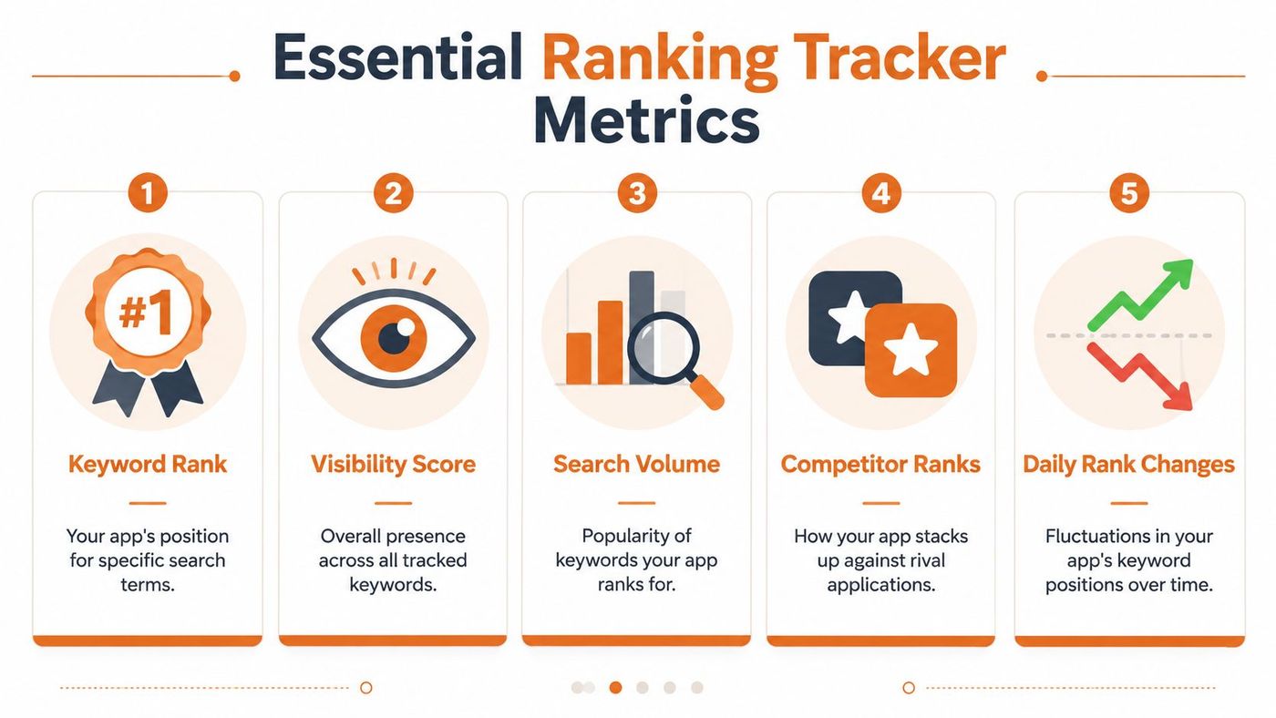 An infographic showing five essential metrics for app store ranking trackers, including keyword rank and visibility score.