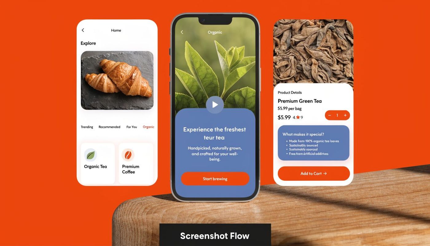 A display of three smartphone screens showing an organic tea brand application and user interface design.
