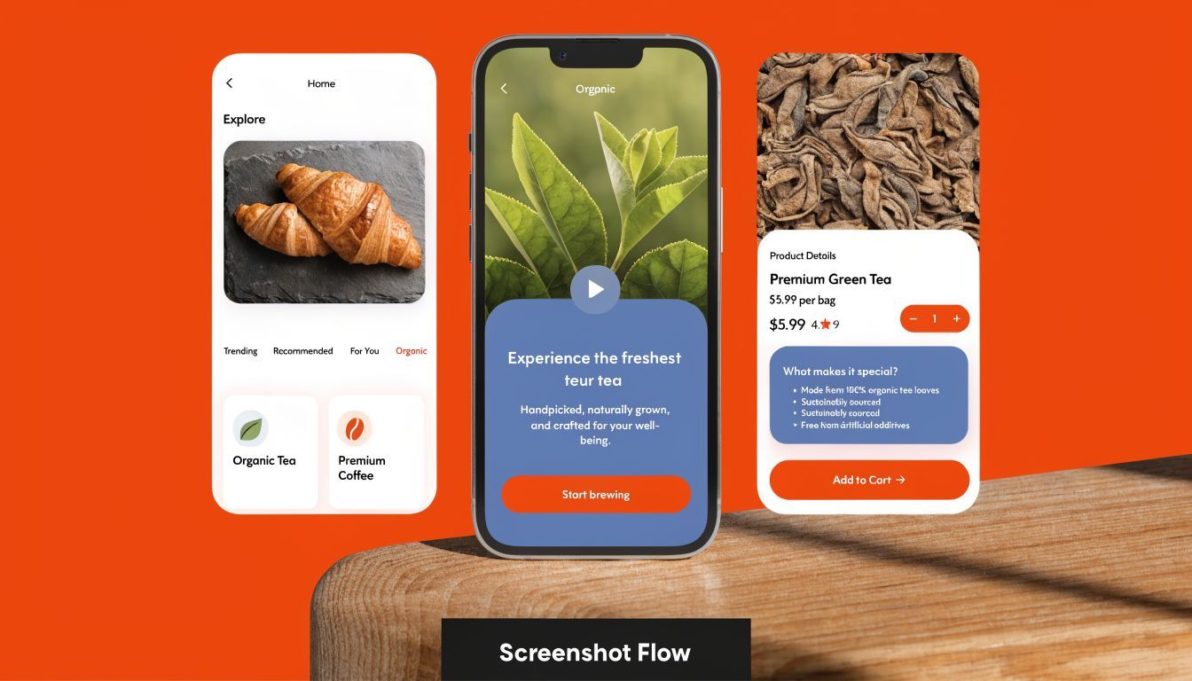 A display of three smartphone screens showing an organic tea brand application and user interface design.