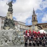 Plaza de la Virgen Blanca of the city of Vitoria-Gasteiz, the San Miguel tower and the people of Vitoria celebrating the festival of the Virgen Blanca.