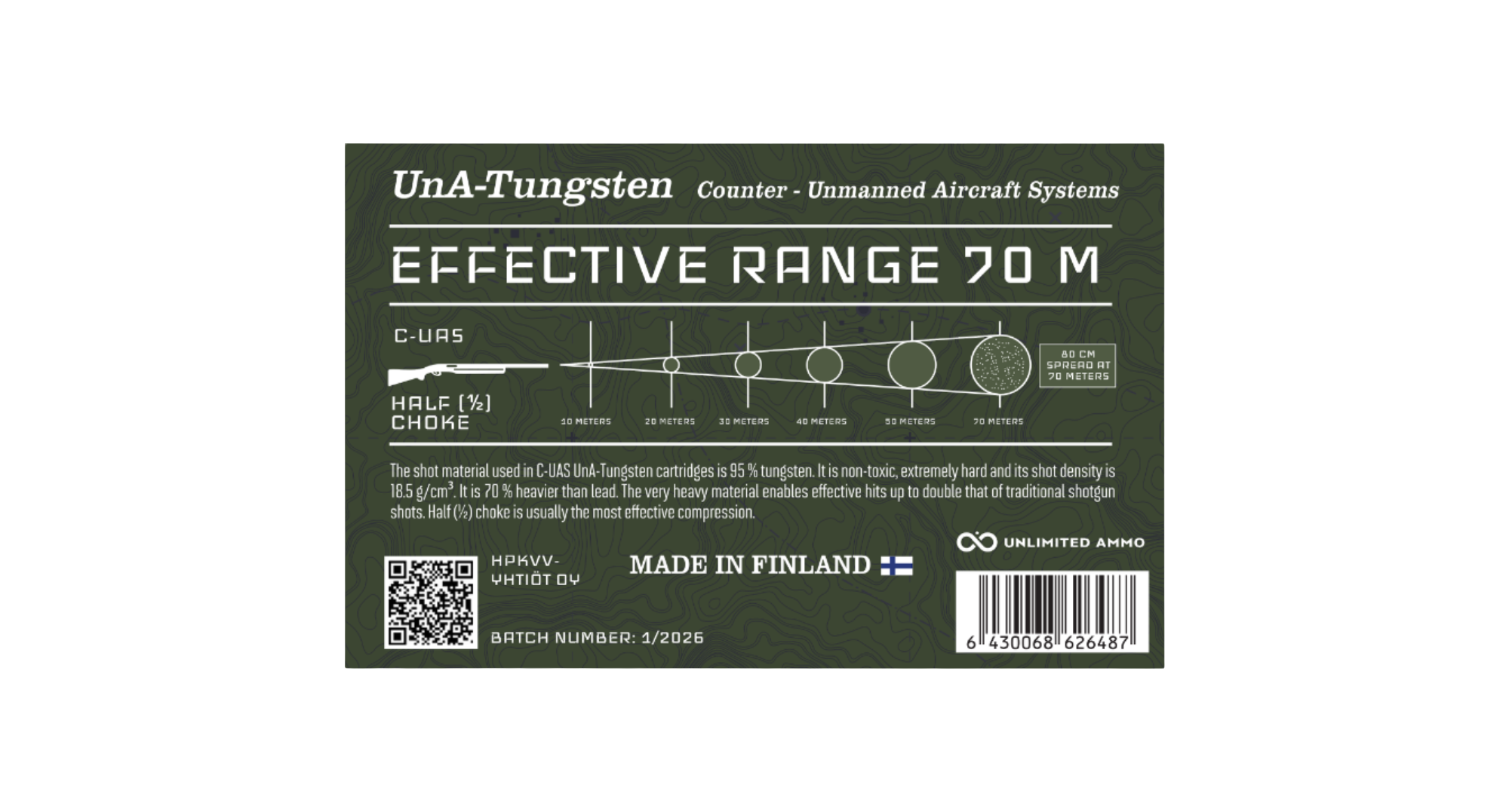 12/70 UnA-Tungsten C‑UAS 32 g tuotepaketin takaosa