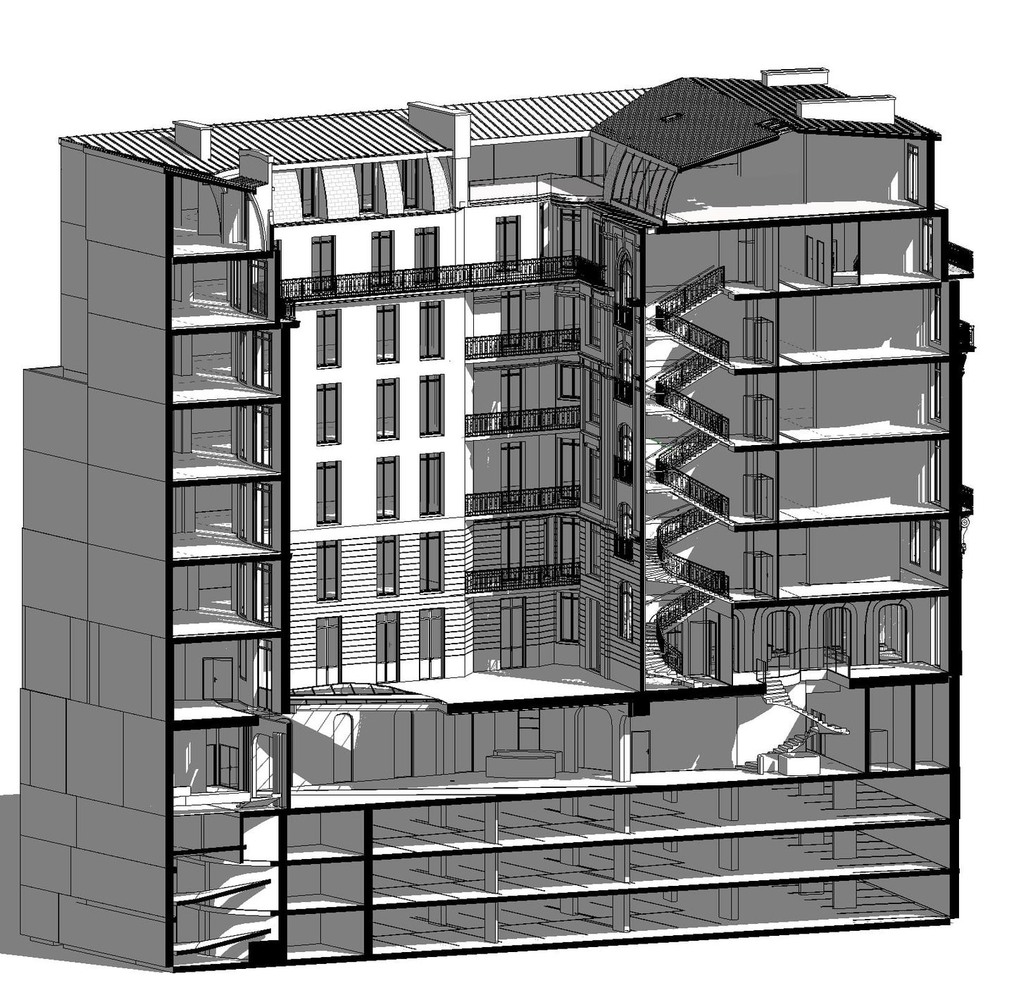 Maquette numérique BIM du projet Virtuose en coupe : niveaux, structure et cour intérieure, Digital Lab PDA